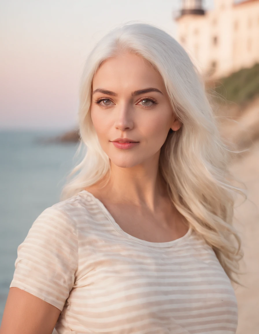 Coastal beauty, pregnant woman in a charming nautical outfit, (white hair), striped shirt, (bright eyes, sun-kissed skin, carefree expression), sandy beach background, lighthouse, gentle sea breeze, playful pose, dynamic composition, golden hour lighting, blurred background, rich colors, fine details, hyperrealistic, 50mm lens, relaxed atmosphere. portrait photography, 35 mm f/8, natural blurry