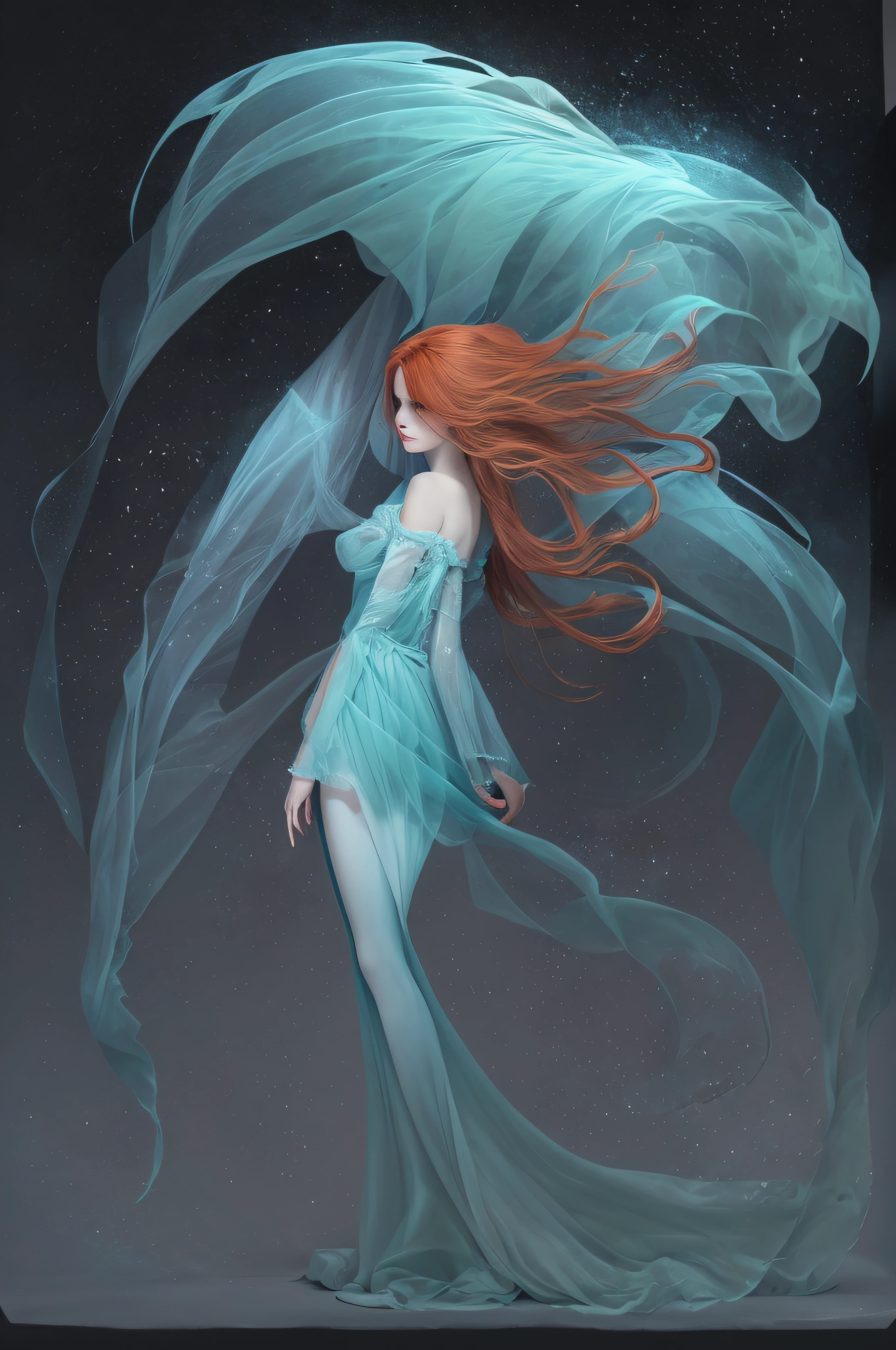 A beautiful nakef female, red-Haired, ghost transparent and bluish ice-blue, standing, turned slightly right on a black background