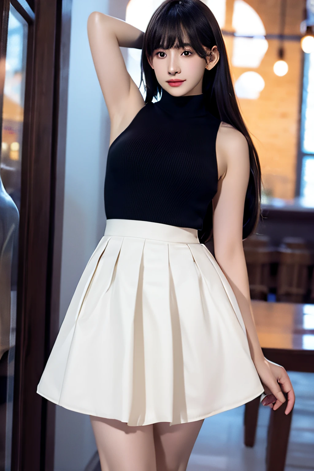 Shiny tight skirt、raise arms、Show armpits、Turn up your skirt、Long body、A slender、Inside the city、adult woman、adult lady、skin-tight