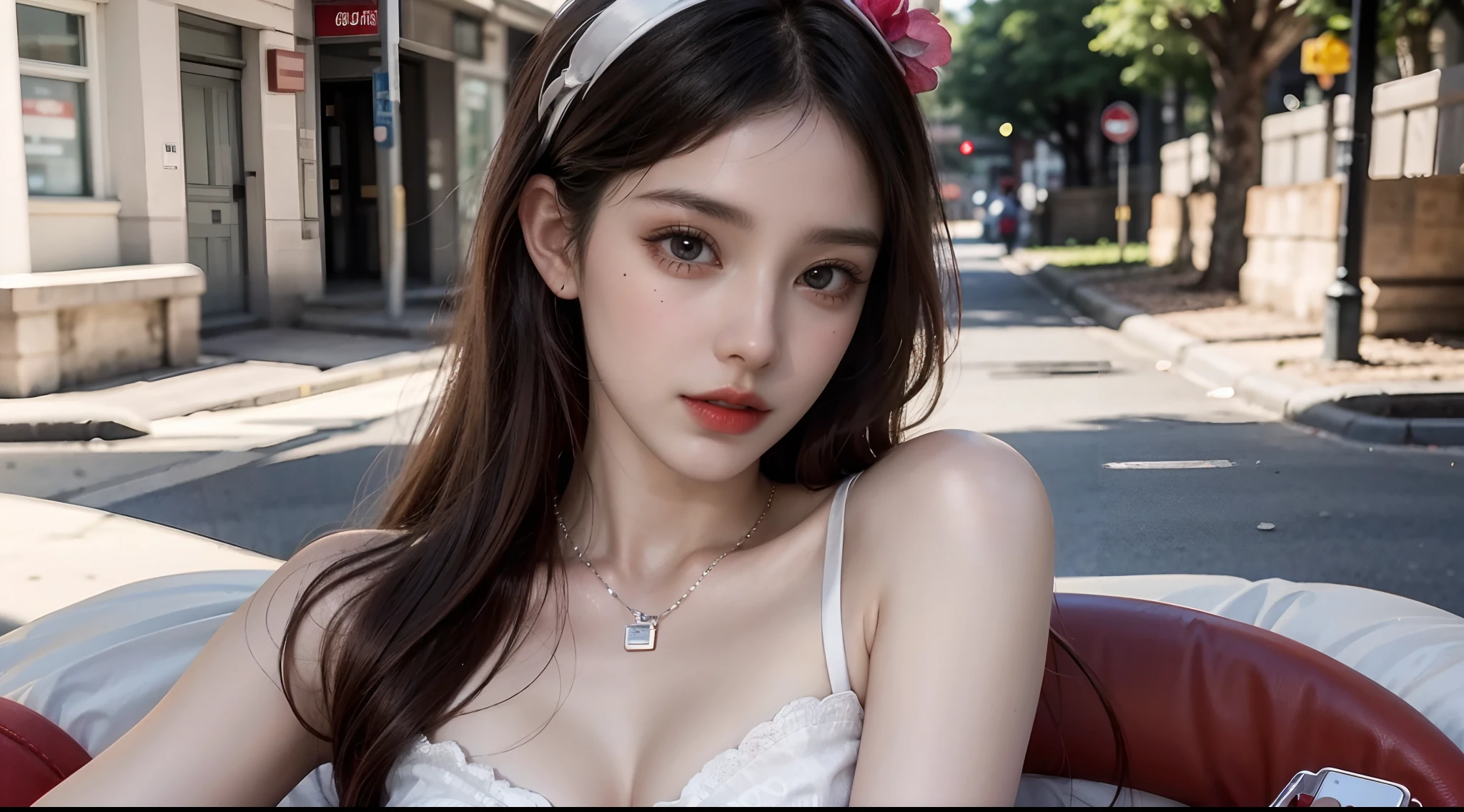 (High-resolution 8K raw photos are realistic,best qualtiy)，Fashion trendy beautiful and charming woman，gentle and charming Chinese beautiful woman，Korea,Kpop idol，delicate and sexy collarbones，charming oval face，二重まぶた，Ingenious[peaches]flower eyes，redish pink lips，small-nose，exposed bare shoulders，focus at face，closeup of face，Hyper-detailing，The shirt pattern is tight，Light shawl small coat，White hip wrapped skirt，Light red hair，Background bokeh，cleavage，long leges，(Seven-doppelganger shot，中景 the scene is，Solo：1.4)，Lace，lacing，head gear， Fresh and impressive， natural color，(pedestrian street，cbd,rays of sunshine，outside，LV shoulder bag for women，cellular phone)，Front light，Sitting on the side of the street，deck chair