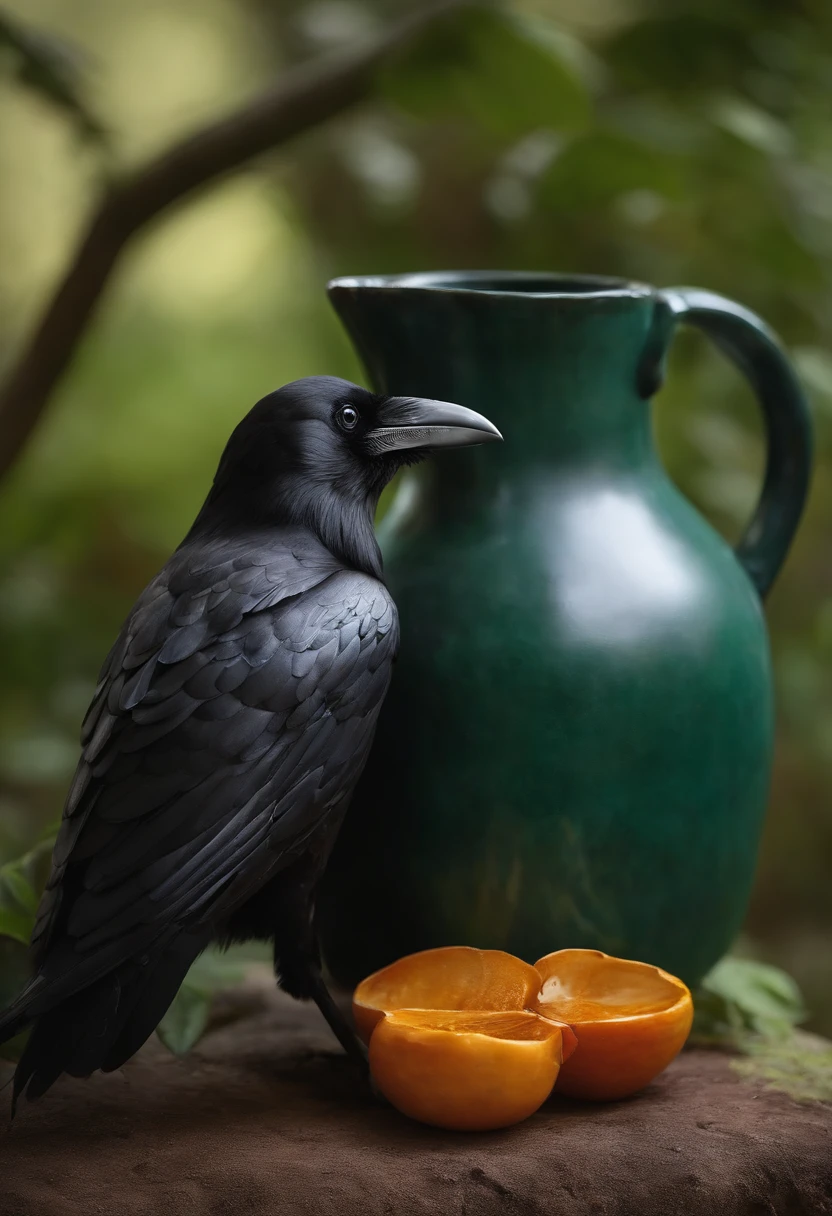 a fantastic tone third-person painting in the image of a raven based in the rainforest, natureza , arvores, pedras, folhas, colorida, vibrante, sol, brilhante, caloroso , clay jug with handles inside it water up to half of the clay jug .The jug is on the ground around him several small stones,