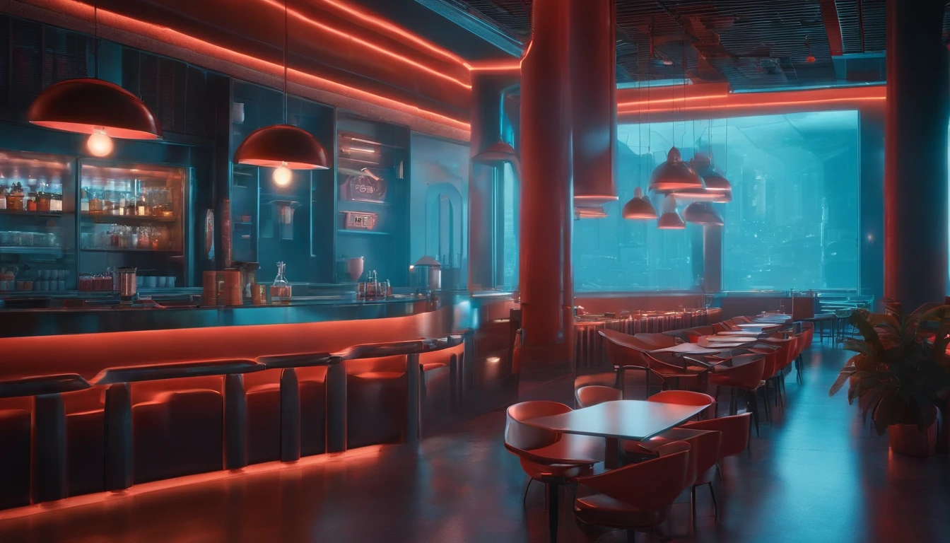 Cafeteria, cenario futurista, cyberpunk, 8k