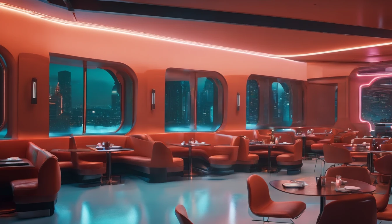 Cafeteria, cenario futurista, cyberpunk, 8k