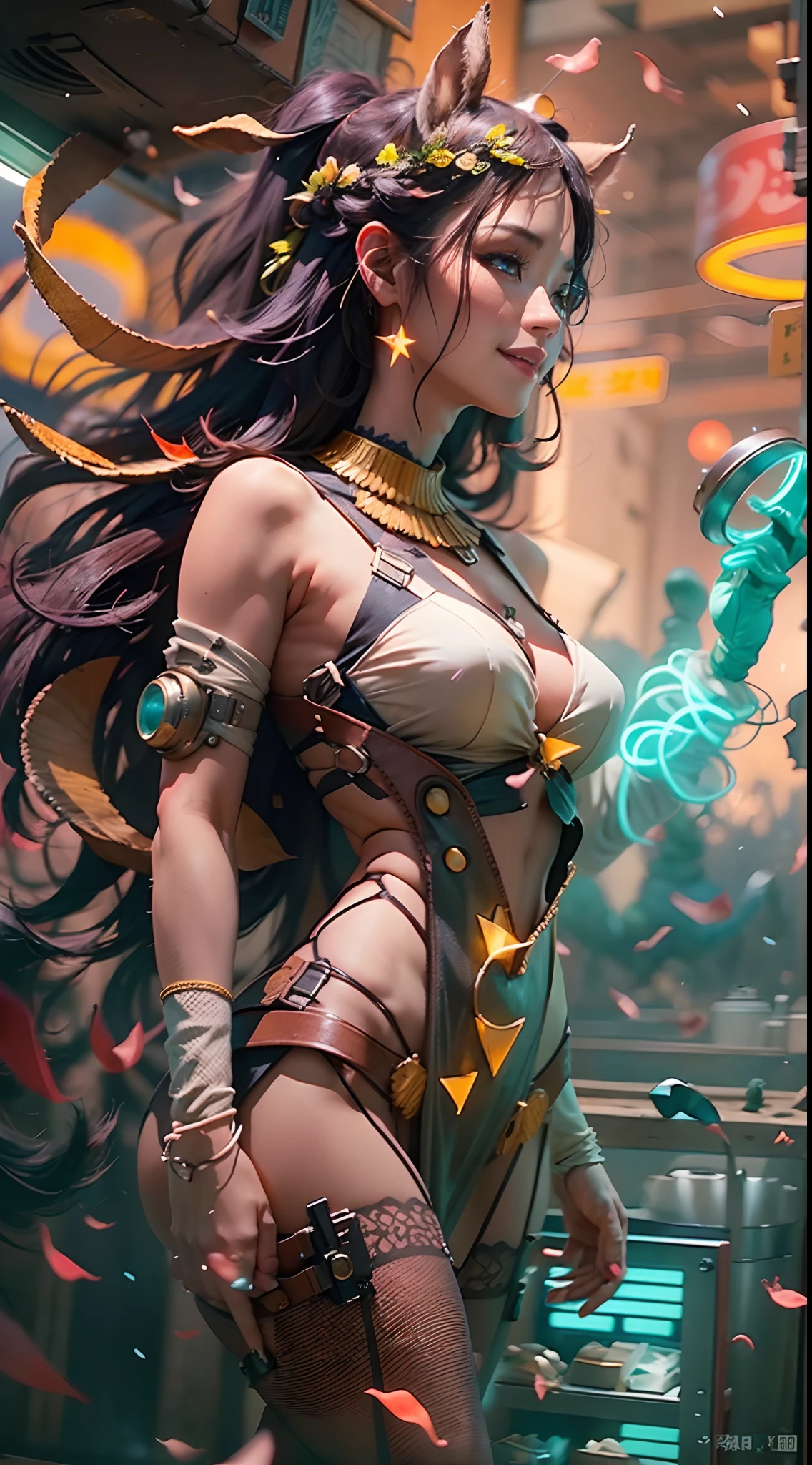 In a very grand scene,The extra-large wide-angle lens captures the appearance of a female centaur。(She is traveling through the stars:9.9),She is tall,It has the ultimate curvy beauty,The muscles are slender and firm,Beautiful lines。Her facial features are tough and coquettish,Always with a sunny smile。She wears special tight-fitting equipment with a strong sense of technology,Step on multifunctional off-road style heels,Delicate and practical protective gear is worn on the hands, feet, wrists, neck and shoulders。The detection equipment around you flashes various cue lights and neon-like information screens,Let her exude a charming brilliance。Use Midjourney's advanced tools,Design special tight-fitting equipment for female centaurs,Highlight her unique physiological characteristics and appearance details,Add realism。And in her adventure scene,Spectacular views of nature,Such as the sky where storms and sunny days alternate、Brilliant rivers of stars and auroras、The snow-capped summit of Mount Everest、Fireworks in the mountain town, etc。ao mesmo tempo,Away from the hustle and bustle of Long Beach Pier is a neon-lit spaceship docked,Create a fantastic scene。Use Midjourney's advanced tools and multiple color palettes、Brush Strokes、Texture tools and model packages,It shows a sense of atmosphere where beauty and charm coexist。The charm of the female centaur is highlighted through color and lines,Enhance realism with detailing,Create a surreal dreamy feeling。Additionally,Use Midjourney's tools to add a variety of extreme sports gear and cultural trinkets to the female centaur,Create intricate hairstyles and outfits,Give her a sense of premium。She never flinches,Regardless of the terrain,can respond quickly,Even the extreme geography and dangerous terrain of aliens cannot stop her。Use Midjourney's powerful tools,You can do it with incredible detail and beauty,Bring this ultra-grand and beautiful scene to life。Ultra-grand scenes,super wide shot, hdr,(真实感,Masterpiece quality,