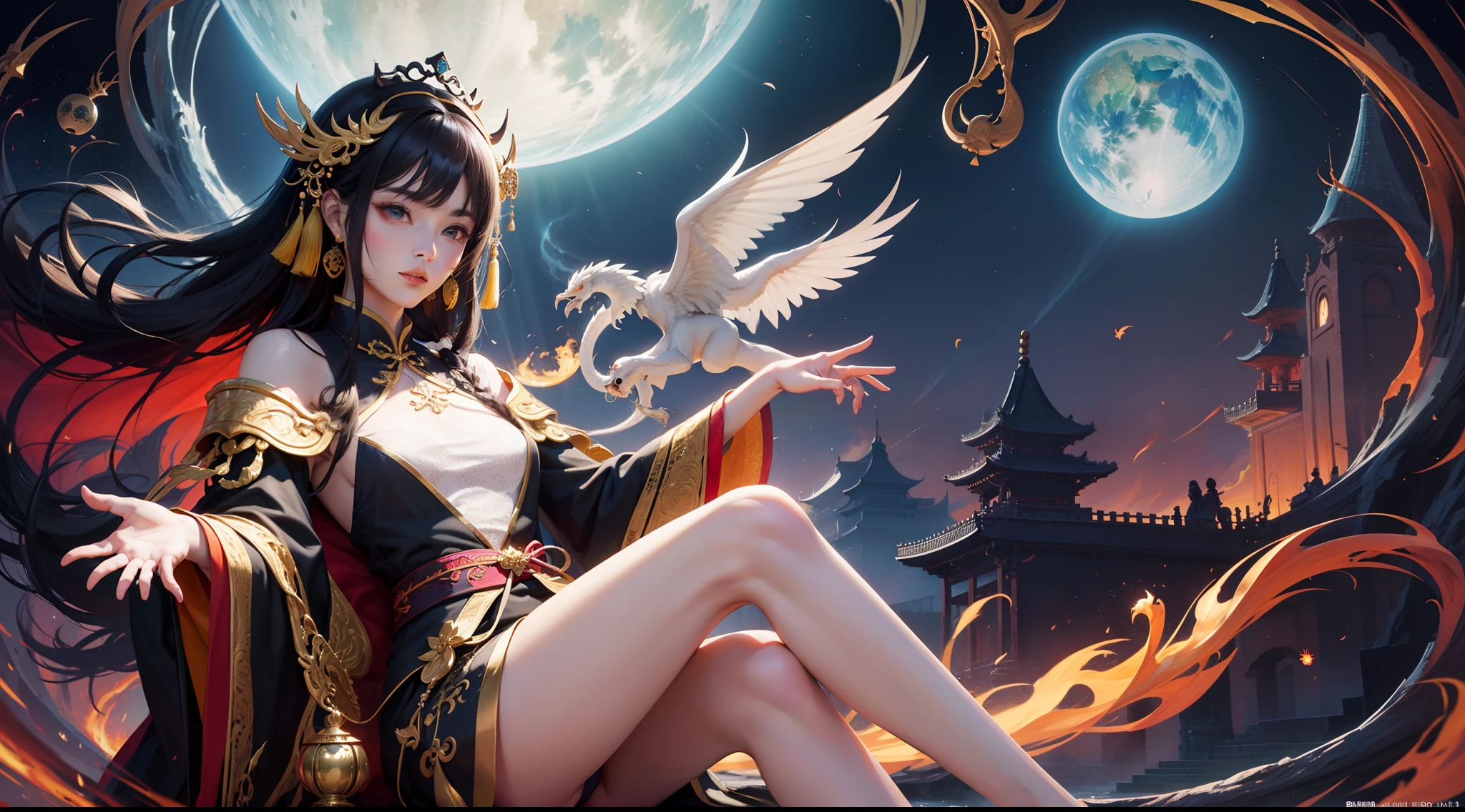 Arte Oficial，统一 8k 壁纸，Ultra - Detalhado，Beauty and Aesthetics，tmasterpiece，melhor qualidade，（Zemaranhar，Tangled，emaranhar），（s arte fractal |：1.4），cabelos de cor preta，Chineseidol，Mulher chinesa，The is very detailed，dinamic angle，casting spells，colorido com muita cor，（O caos em sua forma mais bonita），flowey，（cores vivas），Overclocking，Seios grandes chineses，（fitas：1.3），（magical dream：1.5），（Hanfu：1.5），chinesedragon，Chinese Phoenix，（sorrir：0.5 ),(divindade chinesa),Magical light and shadow，rosto perfeito，hand perfect