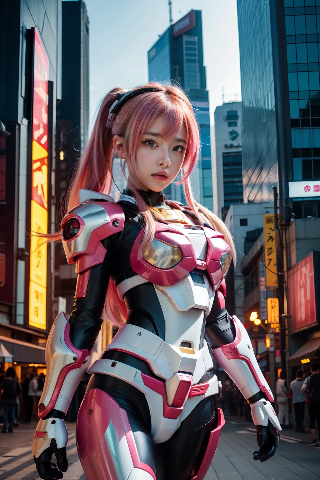 1girl, (Super:1.2), RAW photos, (realisticlying:1.37, realisticlying), HD CG unified 8K wallpaper, ((straight from the front))), (Head office skin: 1.8, Glow skin), 8K UHD, digital SLR camera, gentle illumination, high high quality, ((shiny gundam armor)), (mecha girl), neon style, pink hair, akihabara background, ((super detail)), (cinematic quality)