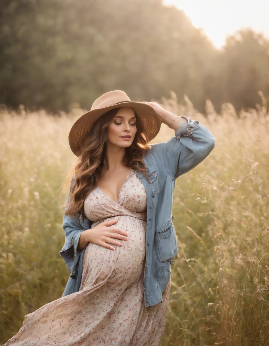 an up close photo of a pregnant woman dressed in bohemian-inspired fashion, wearing a flowy maxi dress with floral prints, layered with a denim jacket and accessorized with a floppy hat and vintage accessories. Her hair is styled in loose waves or natural curls. The setting is a sunlit park or meadow, with long grass and wildflowers,