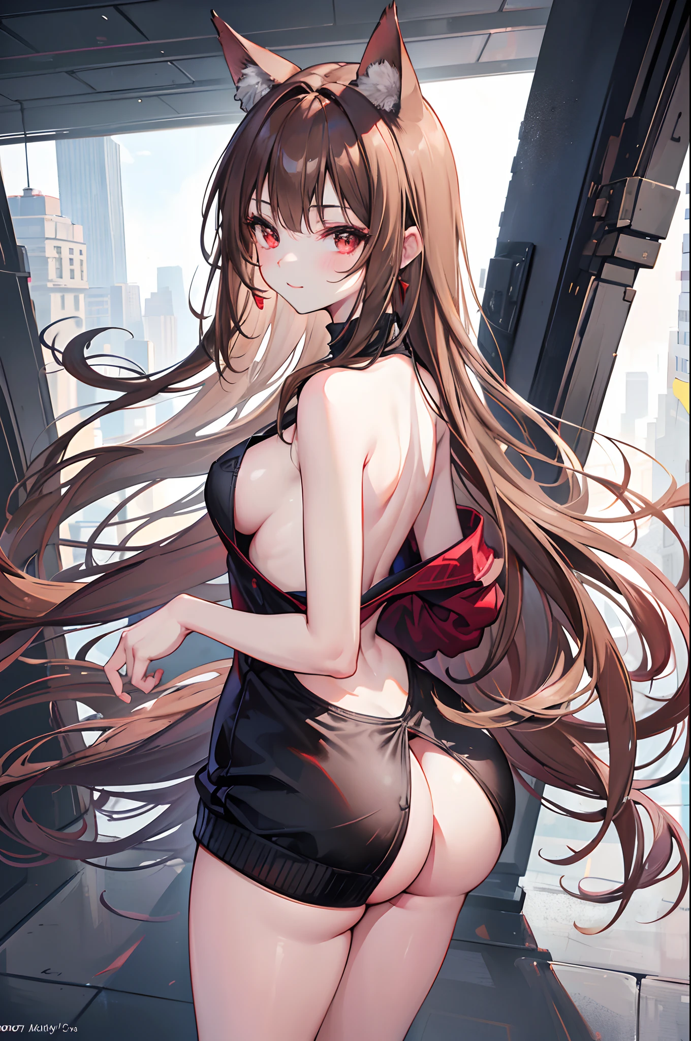 Detailed image of a loli, Light brown hair long and loose aesthetic tousled, red eyes sharp and seductive, Beautiful face, smiling, full lips, wolf ears and tail, with earrings, medium breasts, blushing eyeshadow, long thick eyelashes, posing sensually, dressed only in a low-cut sweater, small waist, wide hips, large round buttocks, beautiful thick bare thighs, view from behind, shallow depth of field, volumetric lighting, Shadow Enhancement, Detailed cityscape, Shoulder blades (Highest quality, Amazing details: 1. 25), (only: 1.3), Bright colorful paintings.