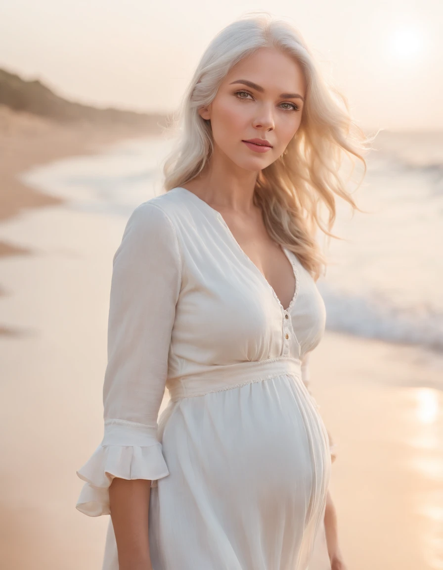 (Medium Long Shot),Coastal beauty, pregnant woman in a charming nautical outfit, (white hair), striped shirt, (bright eyes, sun-kissed skin, carefree expression), sandy beach background, lighthouse, gentle sea breeze, playful pose, dynamic composition, golden hour lighting, blurred background, rich colors, fine details, hyperrealistic, relaxed atmosphere. portrait photography, natural blurry