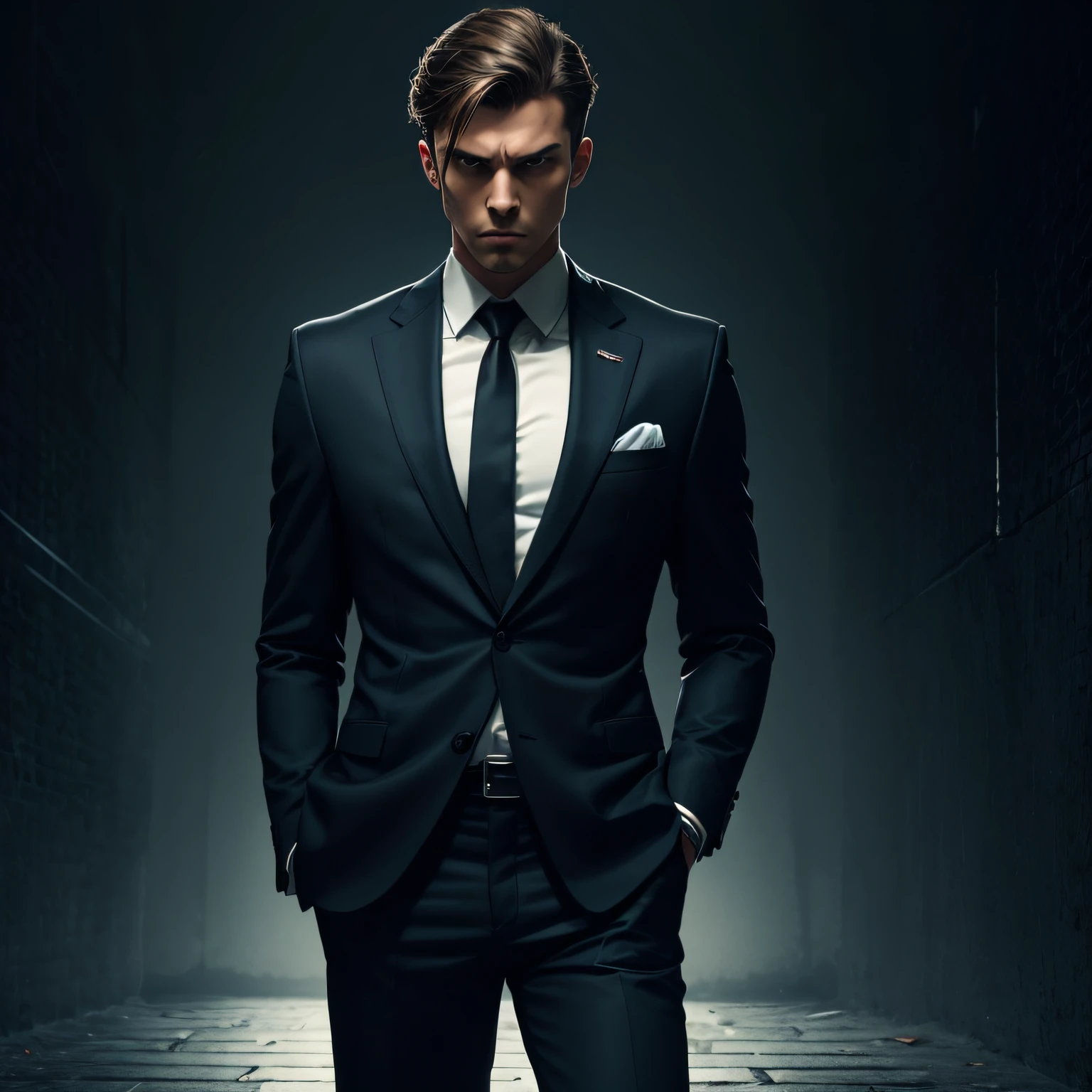 faceless male, intimidating, dark background, suit, serious