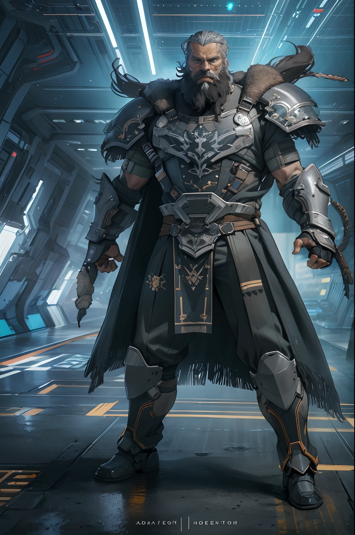 modelshoot of middle aged black bearded viking, scifi battle armour, fighting pose, futuristic background, highly detailed, spaceships in background.