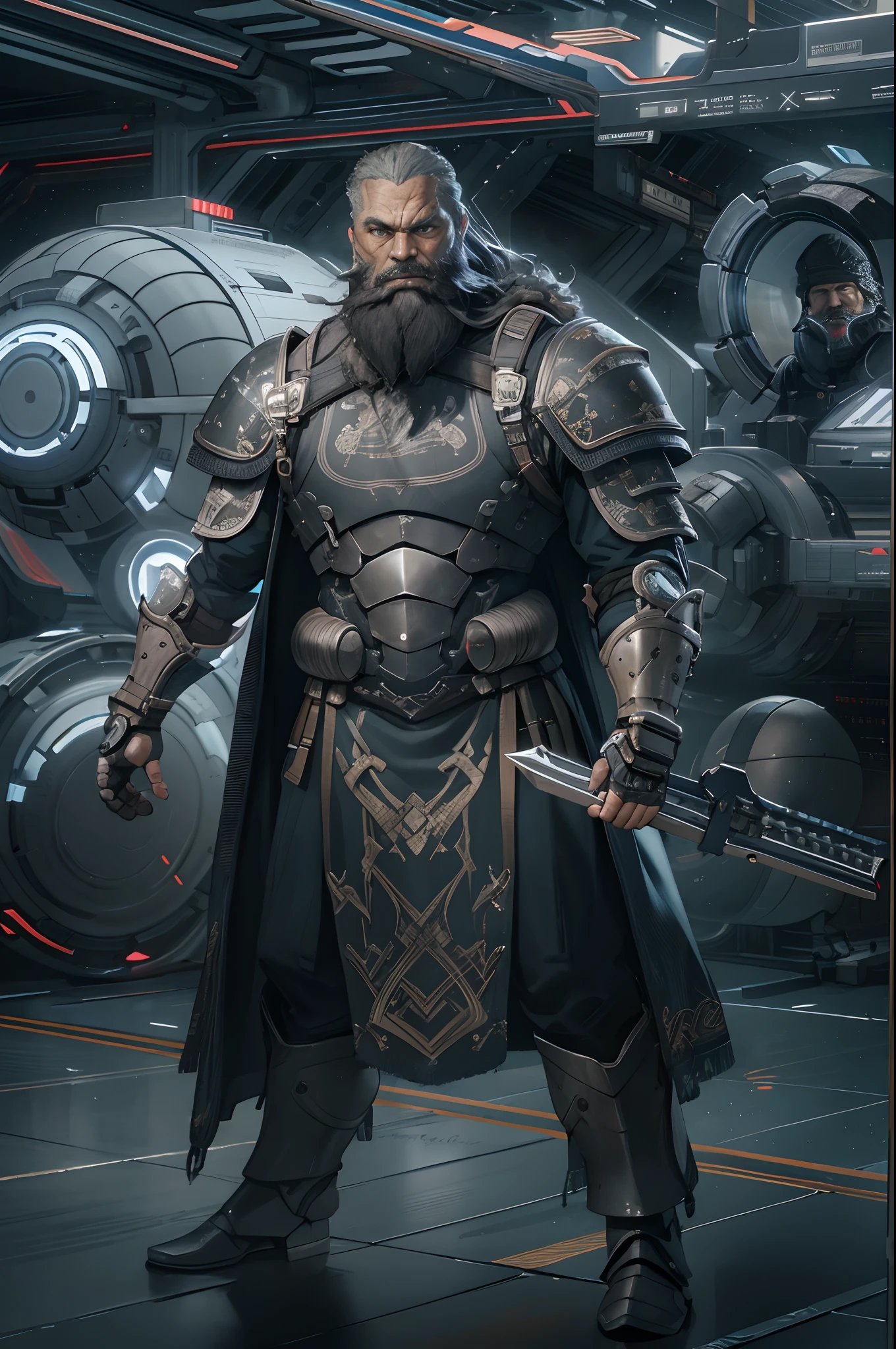 modelshoot of middle aged black bearded viking, scifi battle armour, fighting pose, futuristic background, highly detailed, spaceships in background.