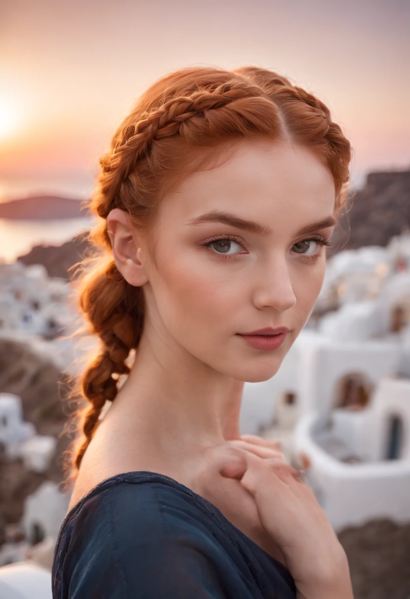 A beautiful young and beautiful attractive girl with ginger braided hair in a bun wearing glamorous makeup, watching the sunset in Santorini, Greece. looking at the camera, Meio Corpo, fotorrealista