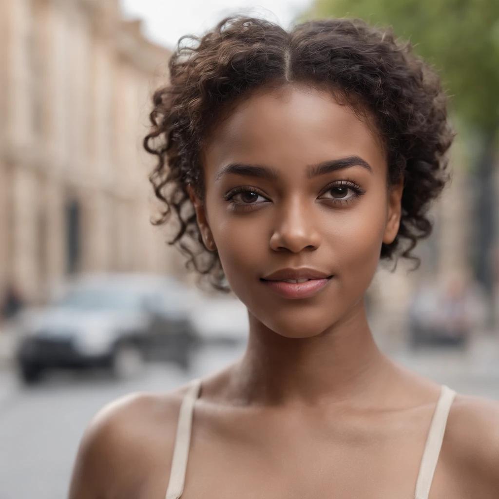 1 black woman, realistic photo, detailed face, empty street, very high detail, curly hair, depth of field, black hair, nude, full body, pubic hair, smiling.