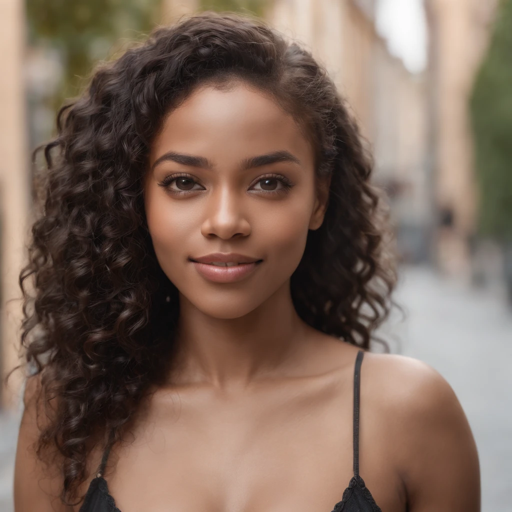 1 black woman, realistic photo, detailed face, empty street, very high detail, curly hair, depth of field, black hair, nude, full body, pubic hair, smiling.