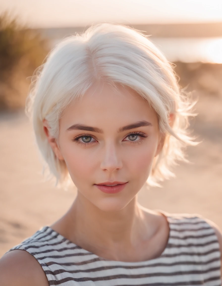 Coastal beauty, 1 girl dressed in charming nautical costume, (Short white hair), Striped shirt, (Bright eyes, Sun-kissed skin, Carefree expression), beach sand background, lighthouse, Gentle sea breeze, playful pose, Dynamic composition, Golden hour lighting, Blurred background, Rich colors, Fine details, Hyperrealistic, 50mm lens, Relaxed atmosphere. Portrait photography, 35mm film, natural blurry