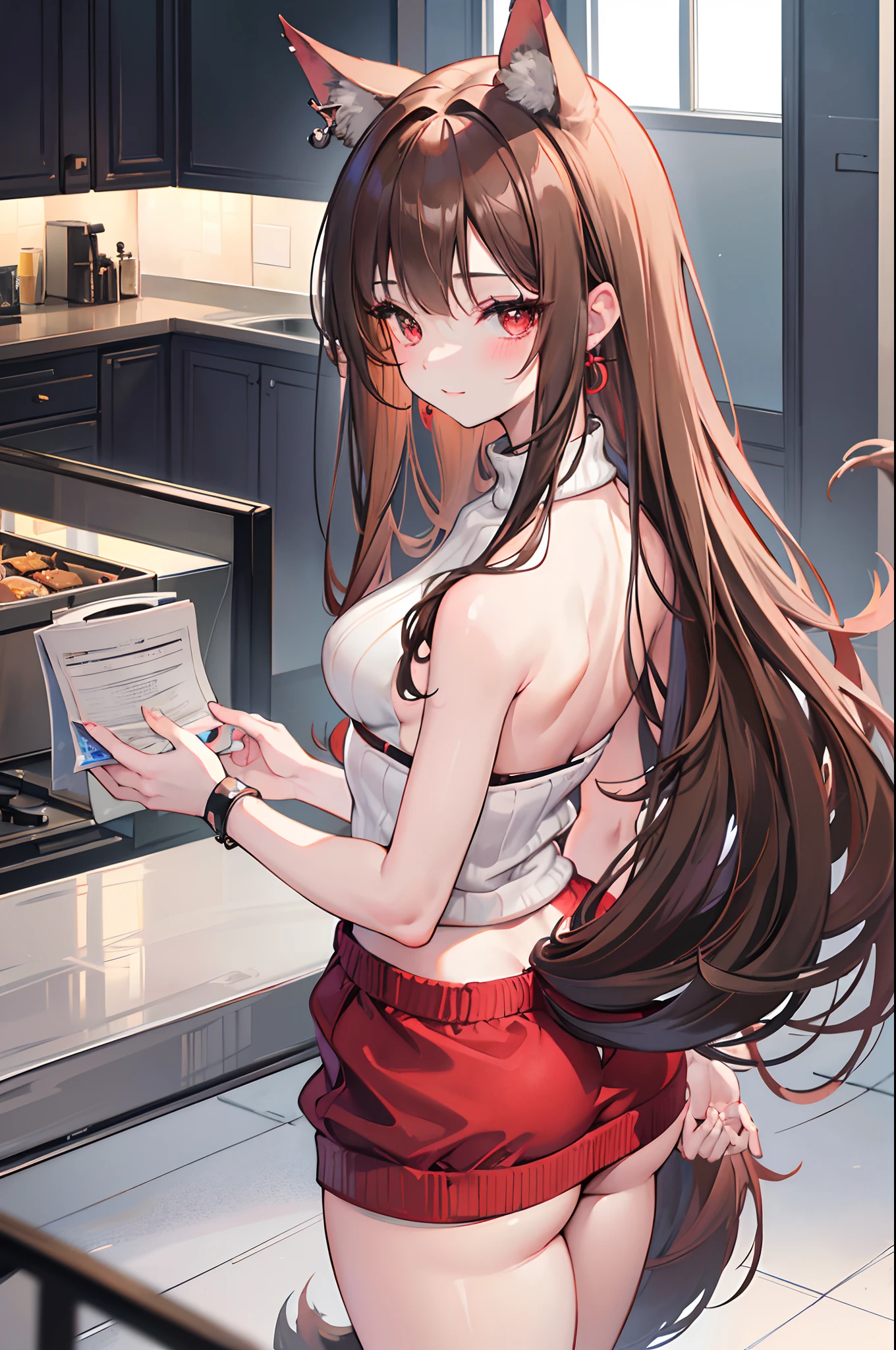 (masterpiece), best quality, expressive eyes, perfect face, perfect hands, perfect eyes, perfect anatomy, 1girl, Adult female, Mature, long brown hair, pink eyes, disheveled appearance, messy hair, dark spots under eyes, smoking cigarette, annoyed, depressed, in the kitchen, opening refrigerator, standing in front of refrigerator, looking over shoulder, standing sideways, side view, high detail, best detail, intricate detail, high detailed background, complex background [3], beautiful detail, amazing detail, great detail, beautiful background, great aesthetic, 