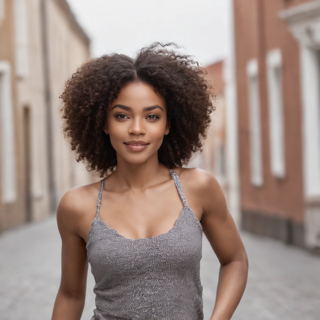 1 black woman, realistic photo, detailed face, empty street, very high detail, curly hair, depth of field, black hair, nude, full body, pubic hair, smiling, running.