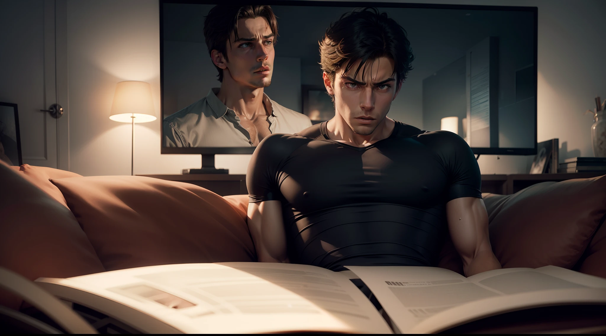 Depict Alex (male) on the couch, watching a frightening scene from a movie on the TV, capturing the tension of the moment.