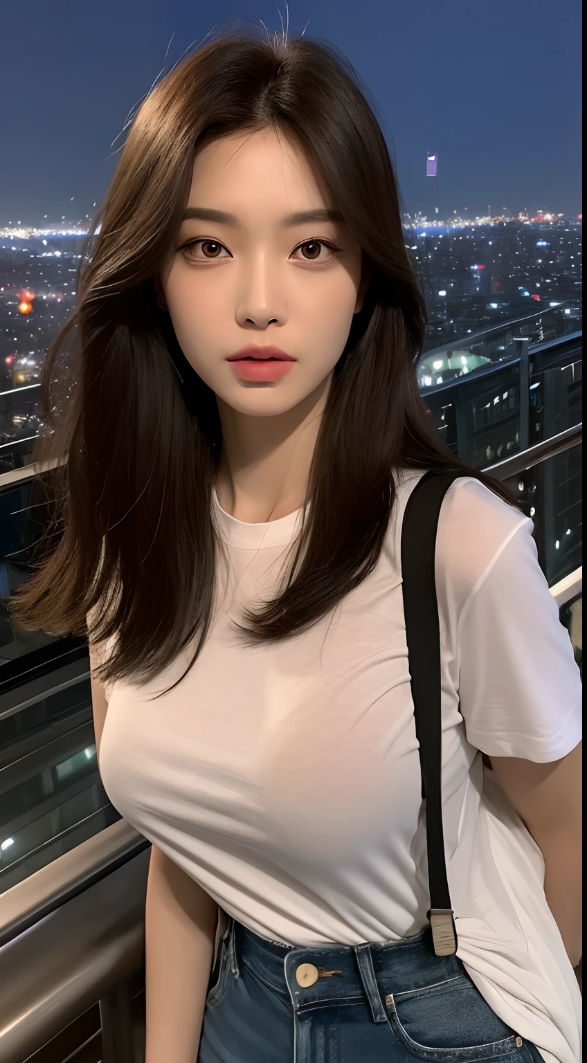 ((Midnight, Best quality, 8k, Masterpiece :1.3)), Whole body, Long legs, Sharp focus :1.2, A pretty woman with perfect figure :1.4, Slender abs :1.1, ((Dark brown hair, Big breasts :1.2)), (White tight tshirt, Jean bib, Standing:1.2), ((Night city view, Rooftop:1.3)), Highly detailed face and skin texture, Detailed eyes, Double eyelid