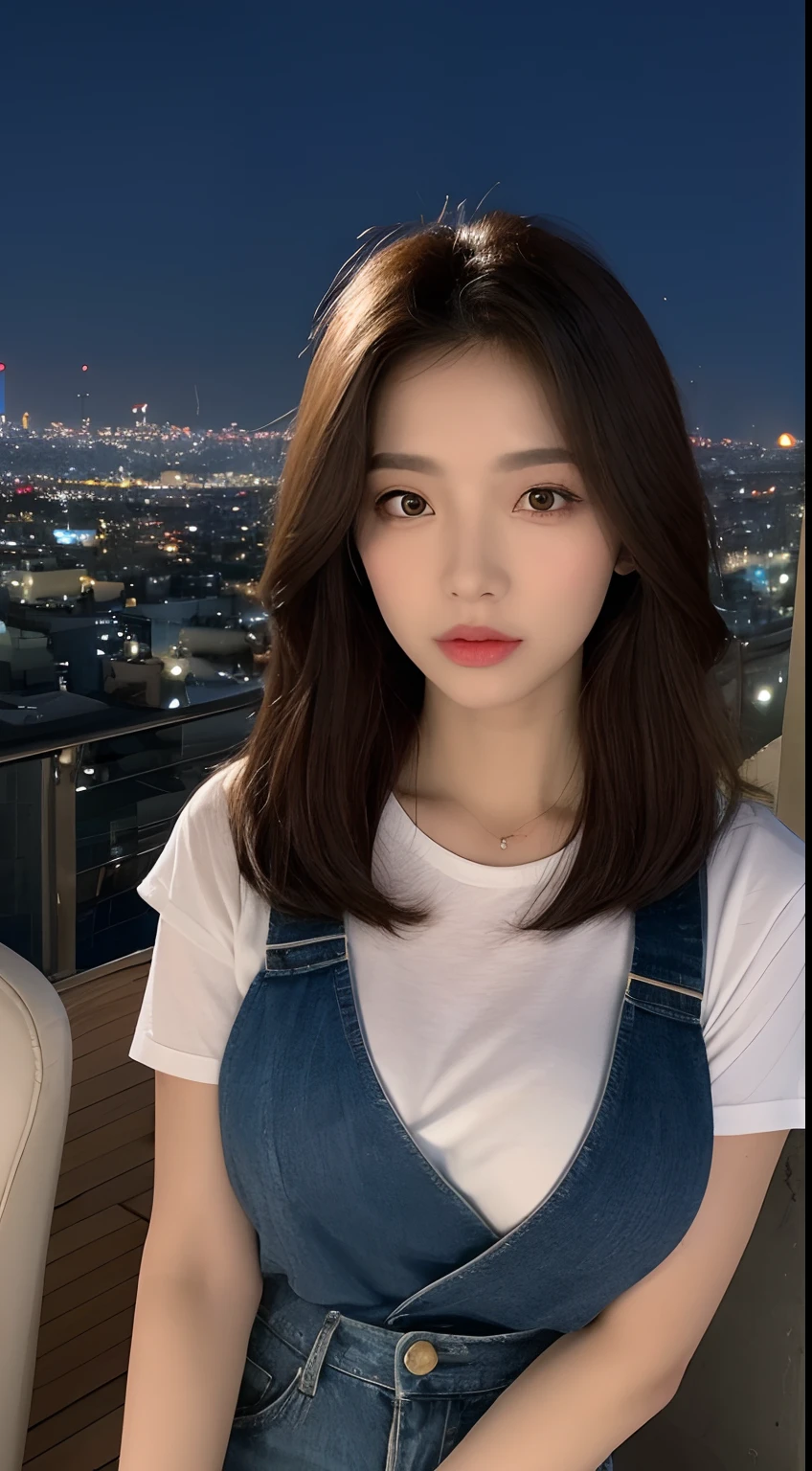 ((Midnight, Best quality, 8k, Masterpiece :1.3)), Whole body, Long legs, Sharp focus :1.2, A pretty woman with perfect figure :1.4, Slender abs :1.1, ((Dark brown hair, Big breasts :1.2)), (White tight tshirt, Jean bib, Standing:1.2), ((Night city view, Rooftop:1.3)), Highly detailed face and skin texture, Detailed eyes, Double eyelid