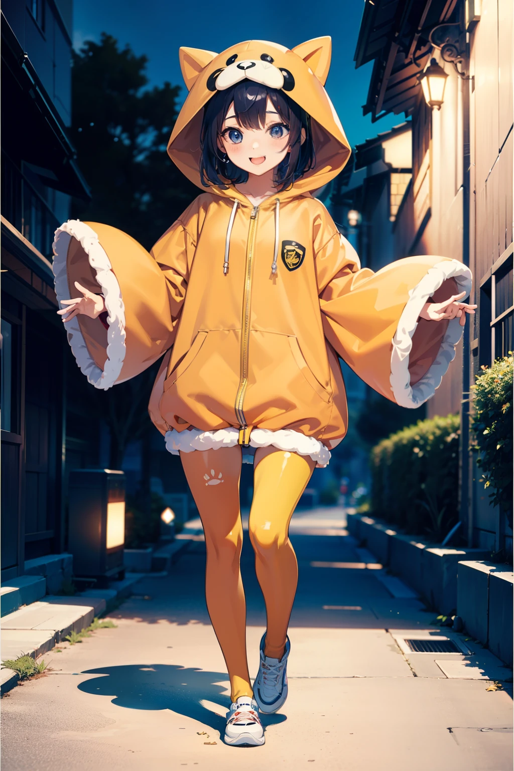 3 Cute chibi girls, group shot, wearing animal fooded suits, kigurumi, SD character, Nendroid, walking, friendly, close to every others, playing happy and cheerfully, outdoor, (ultra high resolution, 8K RAW photo, textile shading, anime style), simple background, bokeh,