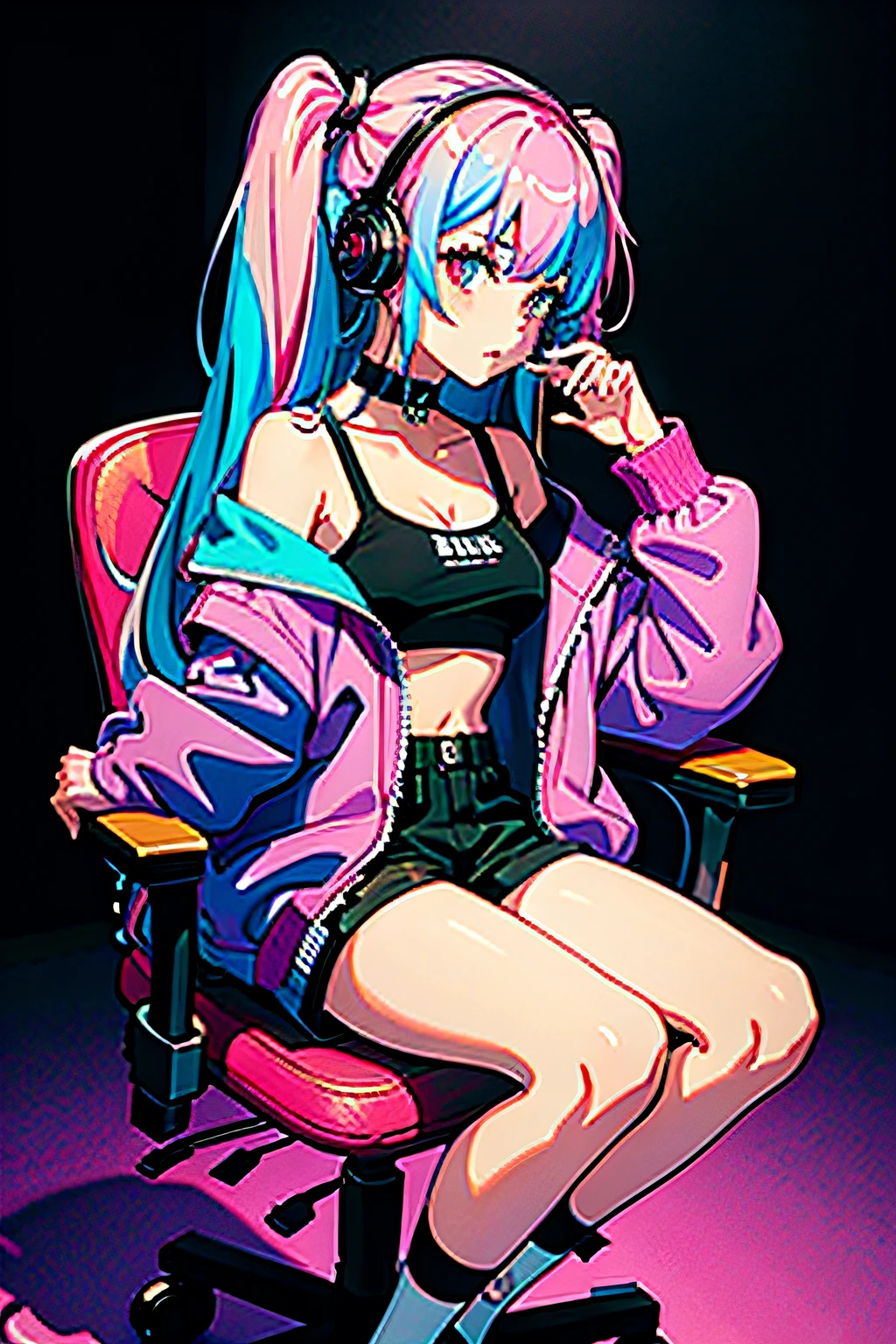 1girl, solo, pink hair, headphones, drill hair, sitting, socks, twin drills, chair, jacket, black background, multicolored hair, looking at viewer, black jacket, simple background, long sleeves, full body, hair ornament, white socks, holding, choker, bangs, shirt, shorts, chewing gum, knees up, food, controller, black choker, pink eyes, off shoulder, stuffed toy, office chair, lollipop, hair between eyes, slippers, blue hair, black shorts, stuffed animal, twintails, open jacket ,