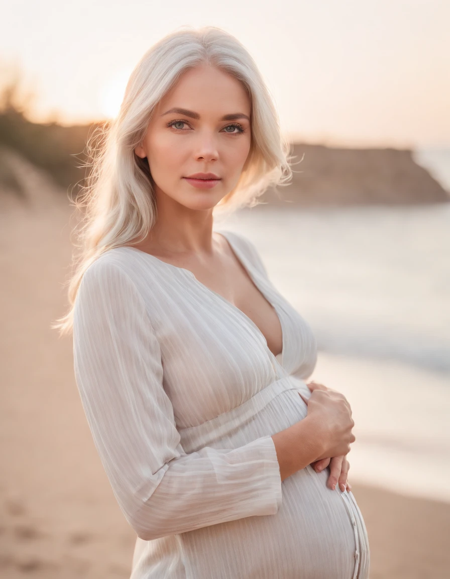 an up close photo of a pregnant woman,Coastal, (white hair), striped shirt, (bright eyes, sun-kissed skin, carefree expression), sandy beach background, lighthouse, gentle sea breeze, playful pose, dynamic composition, golden hour lighting, blurred background, rich colors, fine details, hyperrealistic, relaxed atmosphere. natural blurry