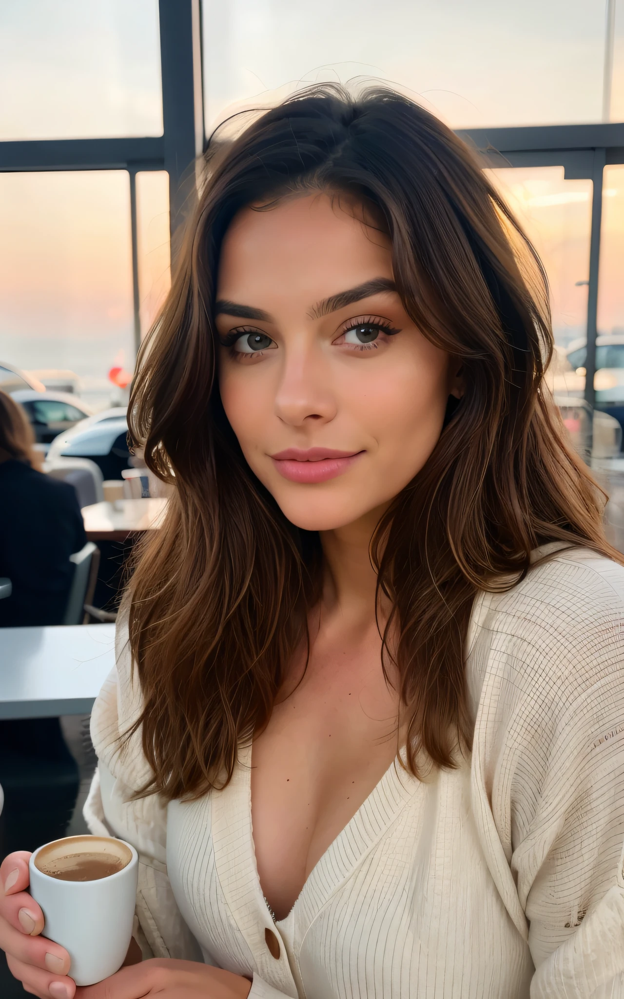 Belle brune portant un pull beige (Holding a cup of coffee in a modern café at sunset), Very detailed, 21 ans, visage innocent, natural wavy hair, yeux bleus, High resolution, Masterpiece, Best quality, Intricate details, highly detailed, mise au point nette, detailed skin, realistic skin texture, texture, detailled eyes, professionnel, 4K, sourire charmant, filmed in Canon,  85 mm, faible profondeur de champ, Couleur Kodak Vision, perfect fit body, Extremely detailed, photographier_\(ultra\), photoreallistic, Realstic, Post-traitement, maximum details, roughness, real life, ultra realist, photorealism, photographie, 8K UHD, photographie