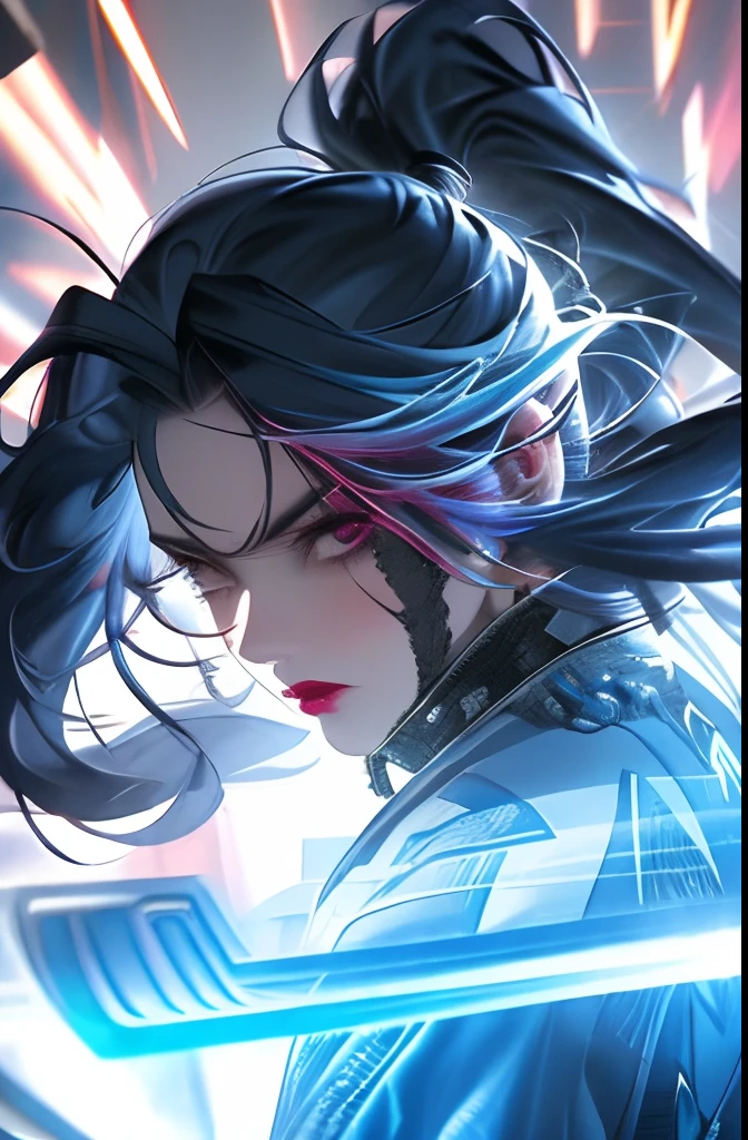 lucy \(cyberpunk\), 1girl, bangs, blue hair, colored tips, grey eyes, jacket, long sleeves, looking at viewer, medium hair, face portrait, multicolored hair, hair flying upwards, parted lips, parted bangs, (crazy eyes), eyes open wide, half face, pink hair, portrait, red eyeliner, red lips, solo, white jacket, cyberpunk \(series\), cyberpunk edgerunners