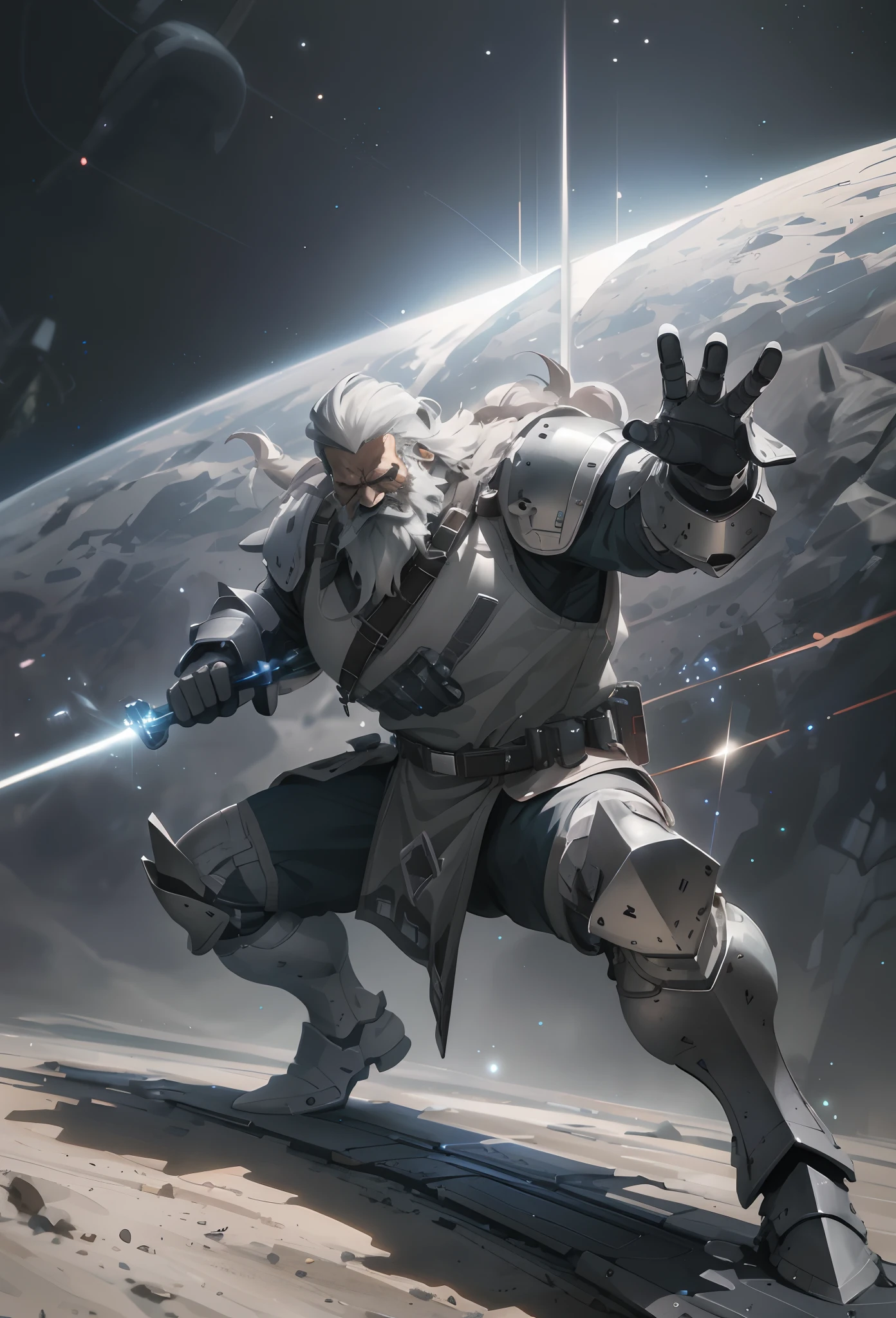 modelshoot of middle aged black bearded viking, scifi battle armour, fighting pose, futuristic background, highly detailed, spaceships in background.