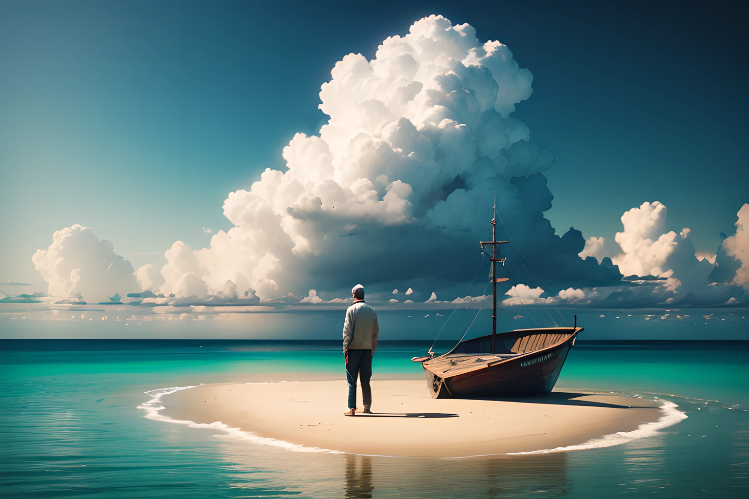 At sea, on a deserted island, a lonely man looks at the sky, --auto