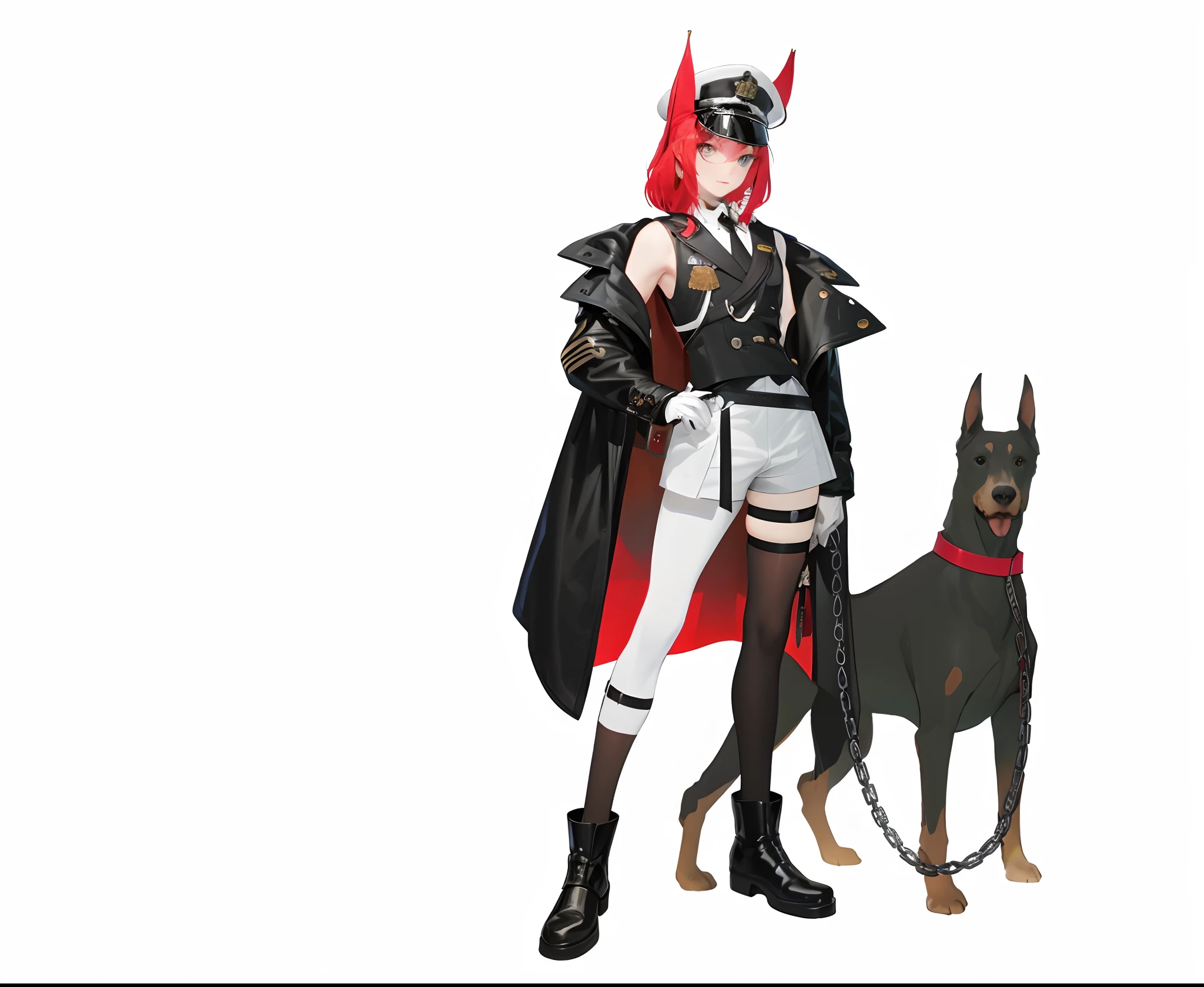 A cute boy with red ears, red hair, green eyes, police uniform, wearing a black and white police hat, long leather jacket, white shirt, black vest, all over, white shorts, black leather shoes, black silk, military rank decoration, many belts and metal decorations on his body, leading a Doberman beside him,Character portrait, perfect picture quality,Ultimate details,