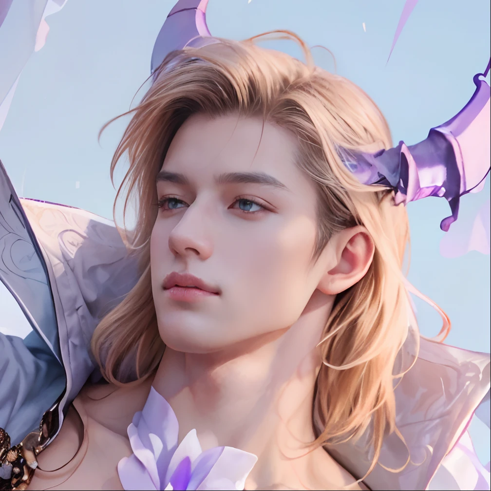 (Ultra detailed, high quality: 1.3, Ultra HD 8k photo)(ridiculous, A high resolution, Super detailed, hdr), Masterpiece, Best quality, Portrait of a guy, Guy handsome boy with red eyes, Detailed face, Professional photo, Shirtless man, Relaxed leaning, exposed legs, (puffy  (From below:1.1)), Focus on audience Yours,25 year old boy, Handsome boy, [Toned body], Transparent white shirt, Abs, chest muscles, white underwear, bulge, white shoes, long hair, blonde hair pale, with horns on his head, (Spring, Flower field, Blue sky, Clouds, Light), holding a rose in his hand, (Lubo)