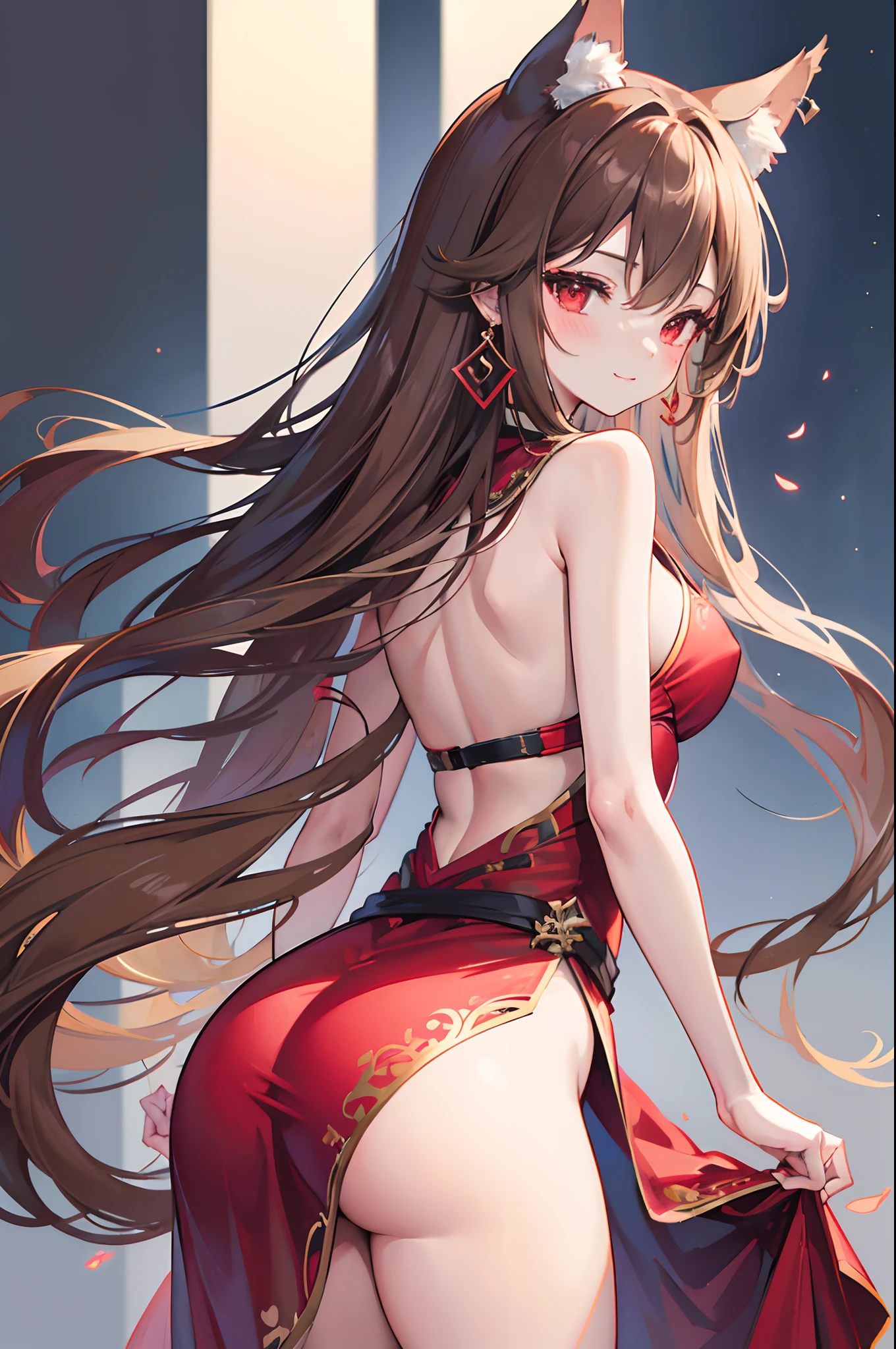 Detailed image of a li, Light brown hair long and loose aesthetic tousled, red eyes sharp and seductive, Beautiful face, smiling, full lips, wolf ears and tail, with earrings, medium breasts, blushing eyeshadow, long thick eyelashes, posing sensually, miko dress with bare midriff, small waist, wide hips, large round buttocks, beautiful thick bare thighs, view from behind, shallow depth of field, volumetric lighting, Shadow enhancement, Detailed cityscape, Shoulder blades (Highest quality, Amazing details: 1. 25), (only: 1.3), Bright colorful paintings.