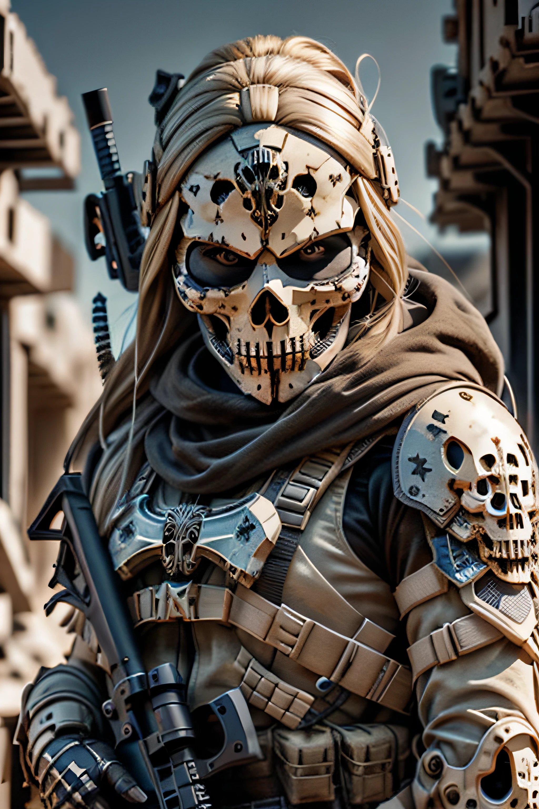 blonde barbie, cute, girly, skull mask, armor, army, holding weapon, thedeathsquad