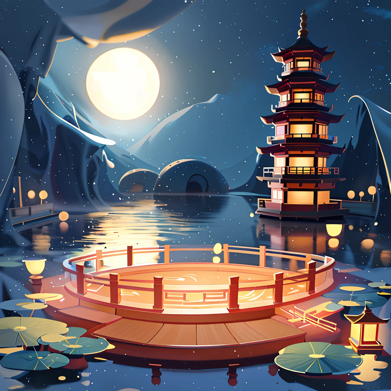 Cartoon illustration of pagoda and lotus lake, calm evening. Digital illustration, digital painting of a pagoda, Zen temple background, Stylized digital illustration, 3 d render stylized, floating chinese lampoons, serene illustration, stylized 3d render, 3 d stylize scene, Lotus pond, moonlit starry sky environment