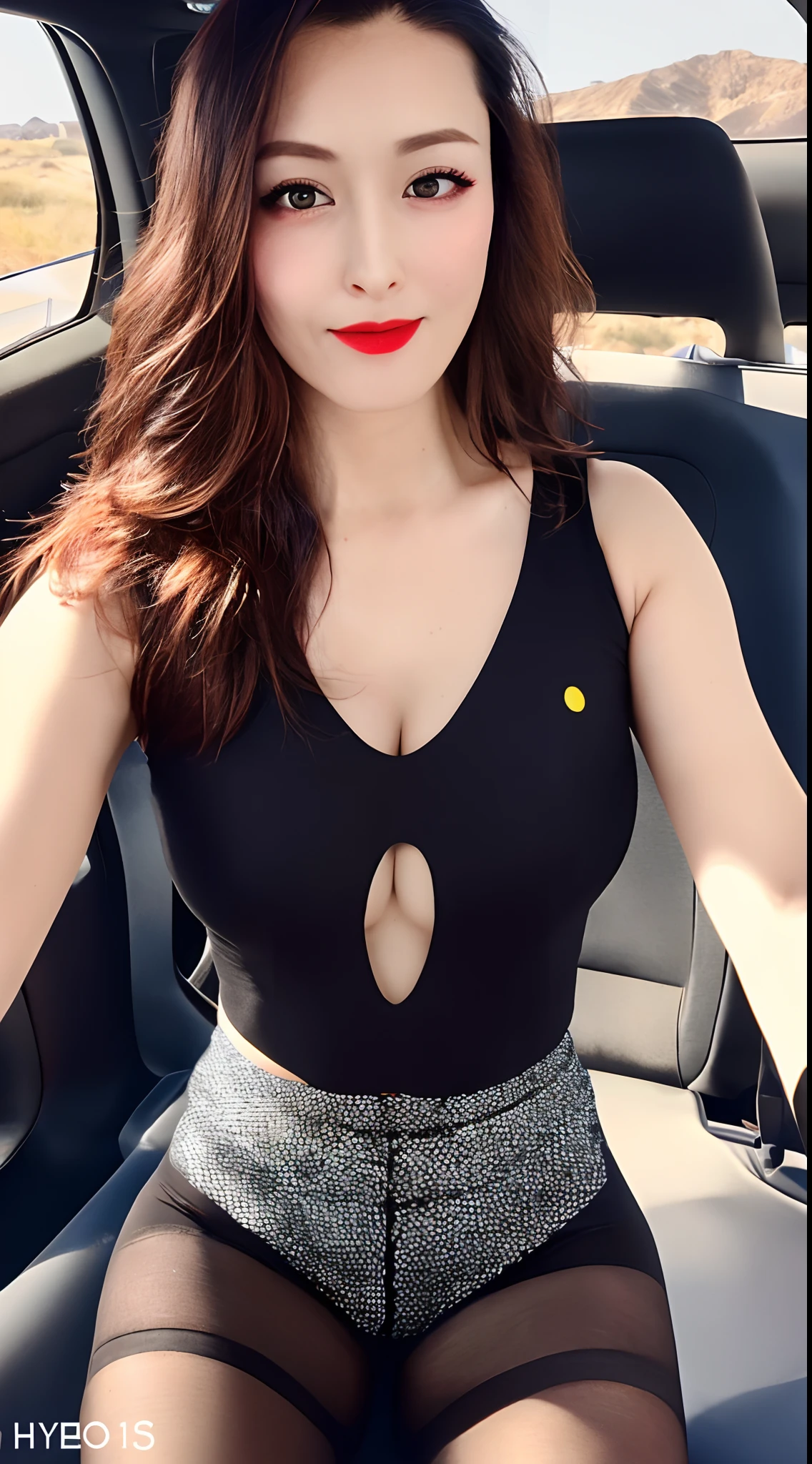 masterpiece, (hyperrealistic:1.2), (professional photograpy:1.1), background blur, 1girl, 25 years old, KPOP Idol, close mouth, front view from extremely low angle, (cameltoe:1.2), see-through shiny sleeveless clothing, high waist high leg glittery short shorts, partially unbuttoned shirt, smooth pantyhose, panties seeing through legs, Makeup, (Lipstick: 1.1), (Eyeliner: 1.2), Mascara, Eyeshadow, Wavy Hair, cleavage, huge breast, extremely detailed skin, concert, (standing and spread legs:1.25),front low angler surface light,