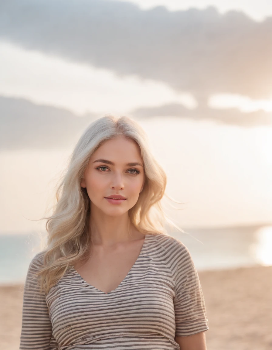 an up close photo of a pregnant woman dressed in a striped shirt，Coastal beauty,(white hair),  (bright eyes, sun-kissed skin, carefree expression), sandy beach background, lighthouse, gentle sea breeze, playful pose, dynamic composition, golden hour lighting, blurred background, rich colors, fine details, hyperrealistic, relaxed atmosphere. natural blurry