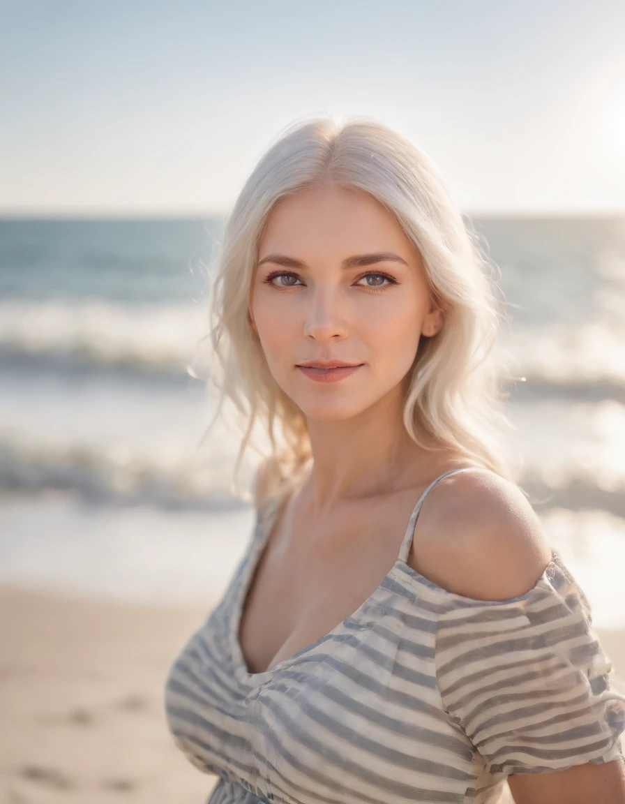 A medium shot of adult woman with hair half blue and half silver hair, in motion with motion detail her hair sweeping across her face, wind blowing strongly, on beach at sunrise She is of Argentinian nationality and wears a flowing silk dress. The scene is grainy, evoking a nostalgic aesthetic, lighting illuminated by the soft morning light, shot with a Leica Q2, 28mm lens, using Kodak Portra film tones
