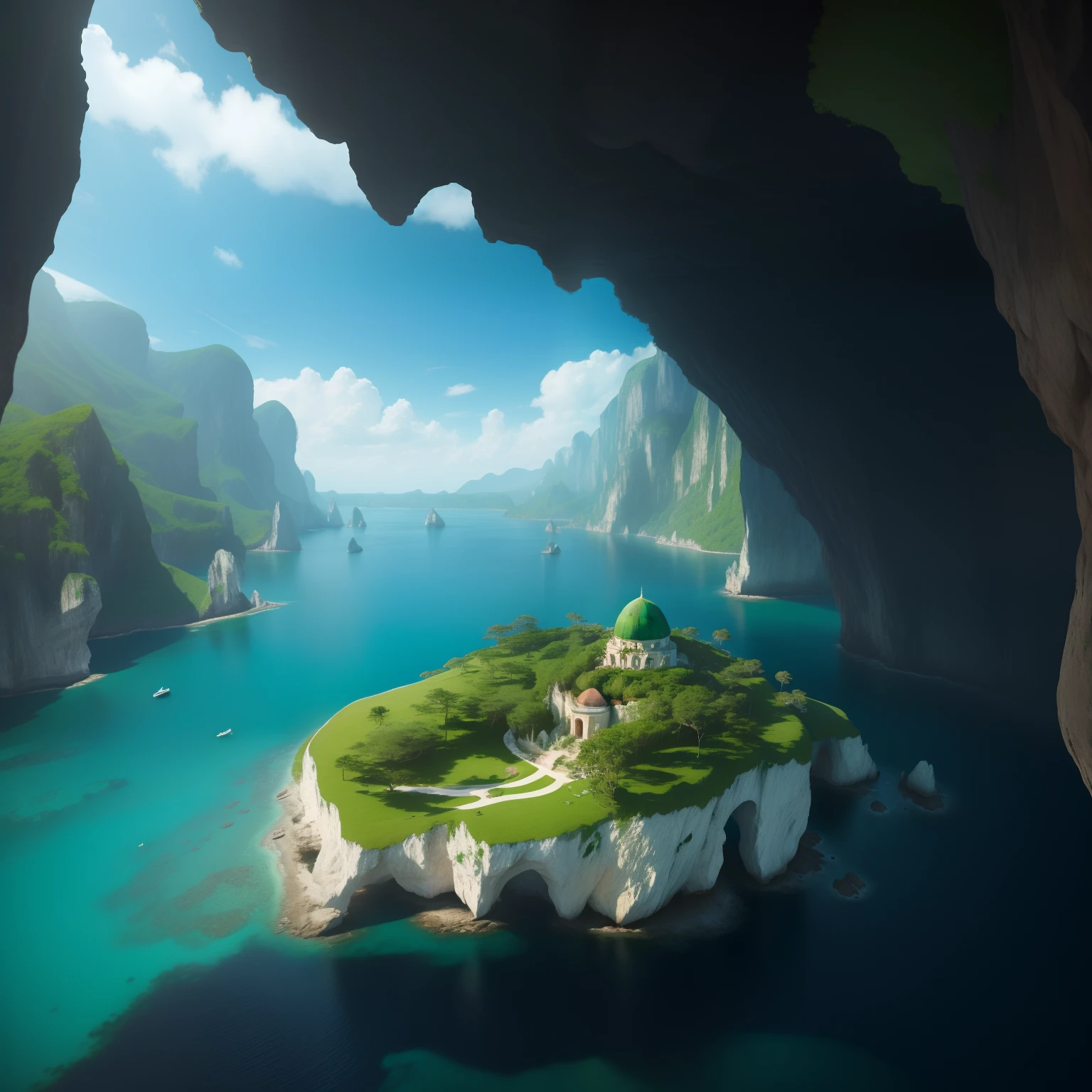 super high image, super detail, super high resolution, uninhabited island, dome-shaped island, towering cliffs, lush trees, emerald green natural cave, inanimate objects, an island without people or civilization, professional lighting