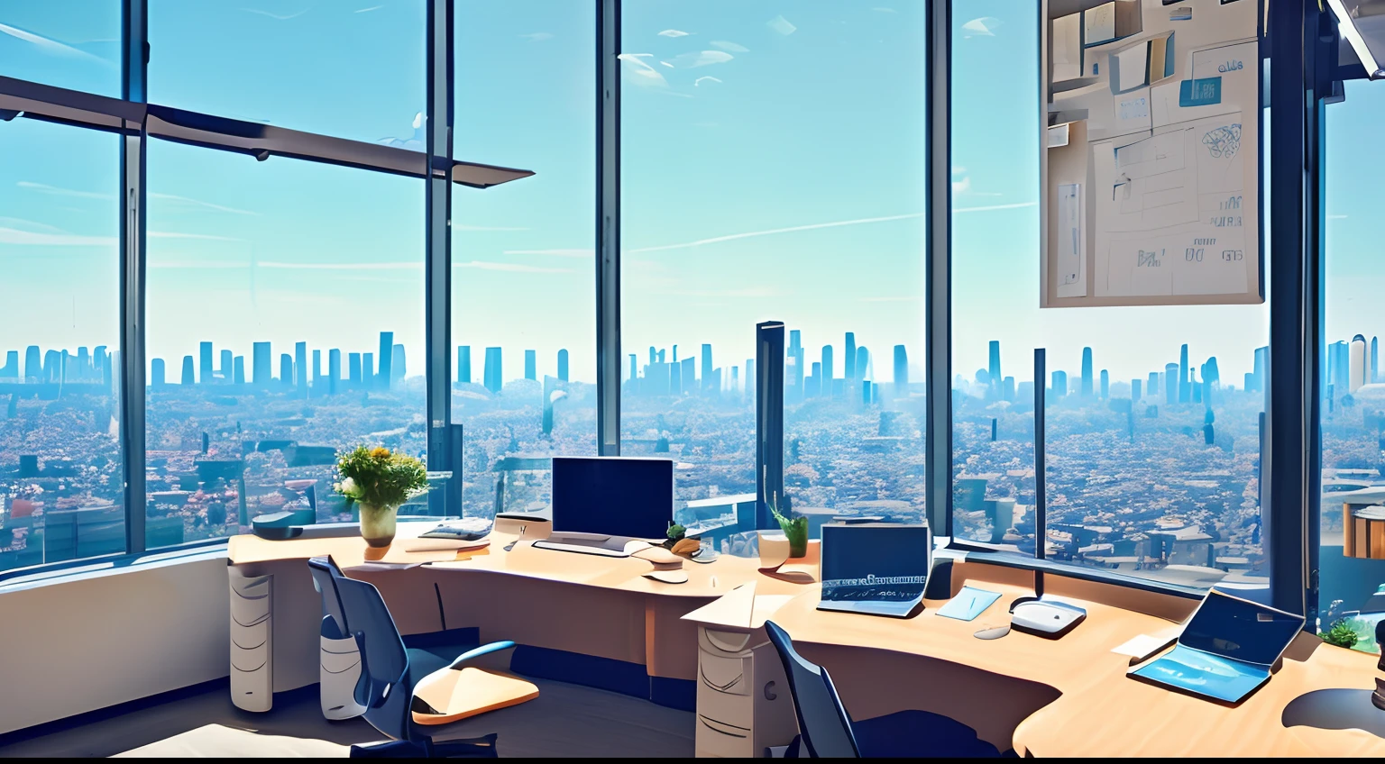 Inside the office，There is a premium desk，There is a computer，A swivel chair，There are a lot of folders on the table，There is a large floor-to-ceiling window behind the swivel chair，You can see the city view outside the window，The smooth bottom plate reflects the light, Vector illustration, Cell shader,cold shades，In the daytime，High quality