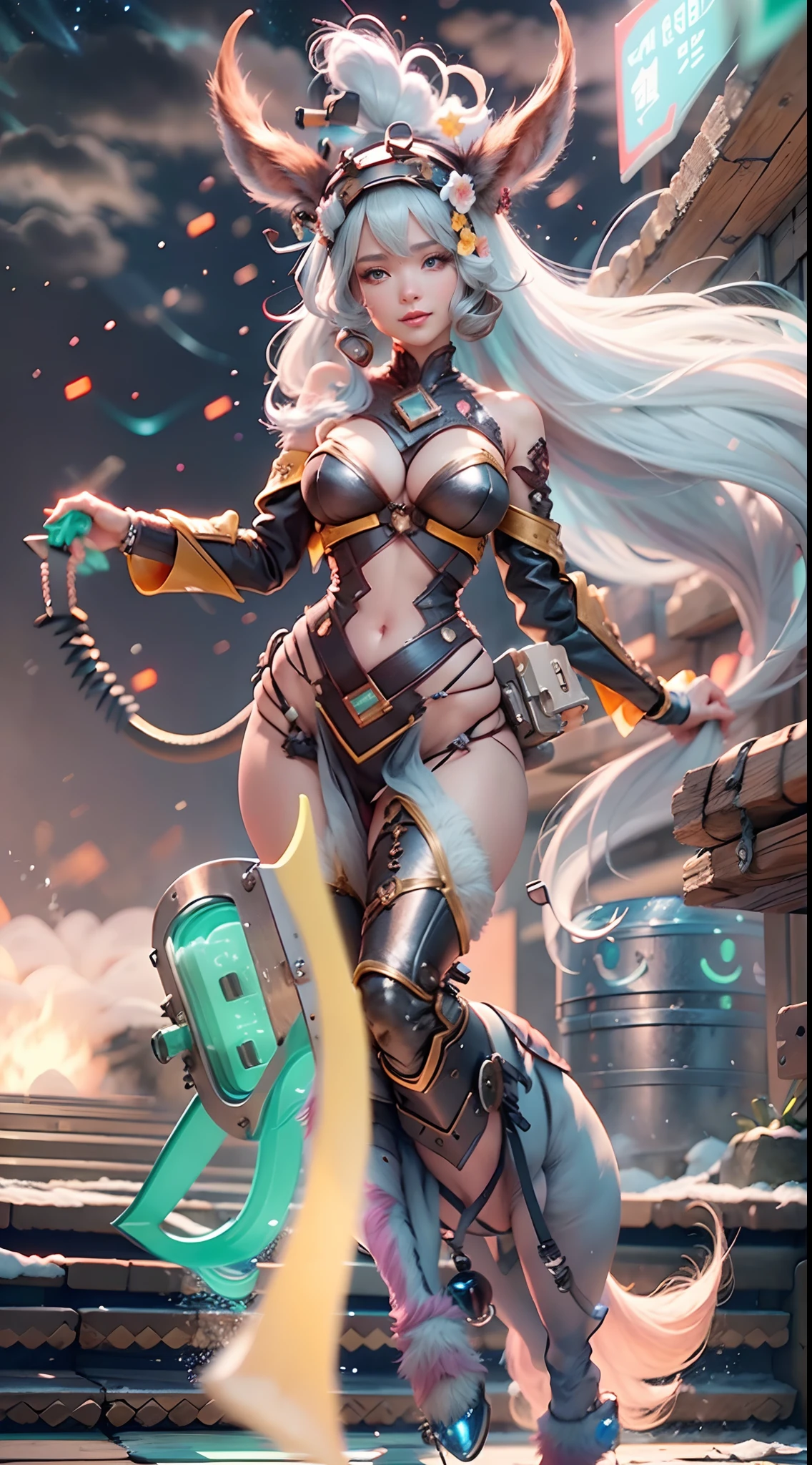 In a very grand scene,The extra-large wide-angle lens captures the appearance of a female centaur。(She is traveling through the stars:9.9),She is tall,It has the ultimate curvy beauty,The muscles are slender and firm,Beautiful lines。Her facial features are tough and coquettish,Always with a sunny smile。She wears special tight-fitting equipment with a strong sense of technology,Step on multifunctional off-road style heels,Delicate and practical protective gear is worn on the hands, feet, wrists, neck and shoulders。The detection equipment around you flashes various cue lights and neon-like information screens,Let her exude a charming brilliance。Use Midjourney's advanced tools,Design special tight-fitting equipment for female centaurs,Highlight her unique physiological characteristics and appearance details,Add realism。And in her adventure scene,Spectacular views of nature,Such as the sky where storms and sunny days alternate、Brilliant rivers of stars and auroras、The snow-capped summit of Mount Everest、Fireworks in the mountain town, etc。ao mesmo tempo,Away from the hustle and bustle of Long Beach Pier is a neon-lit spaceship docked,Create a fantastic scene。Use Midjourney's advanced tools and multiple color palettes、Brush Strokes、Texture tools and model packages,It shows a sense of atmosphere where beauty and charm coexist。The charm of the female centaur is highlighted through color and lines,Enhance realism with detailing,Create a surreal dreamy feeling。Additionally,Use Midjourney's tools to add a variety of extreme sports gear and cultural trinkets to the female centaur,Create intricate hairstyles and outfits,Give her a sense of premium。She never flinches,Regardless of the terrain,can respond quickly,Even the extreme geography and dangerous terrain of aliens cannot stop her。Use Midjourney's powerful tools,You can do it with incredible detail and beauty,Bring this ultra-grand and beautiful scene to life。Ultra-grand scenes,super wide shot, hdr,(真实感,Masterpiece quality,