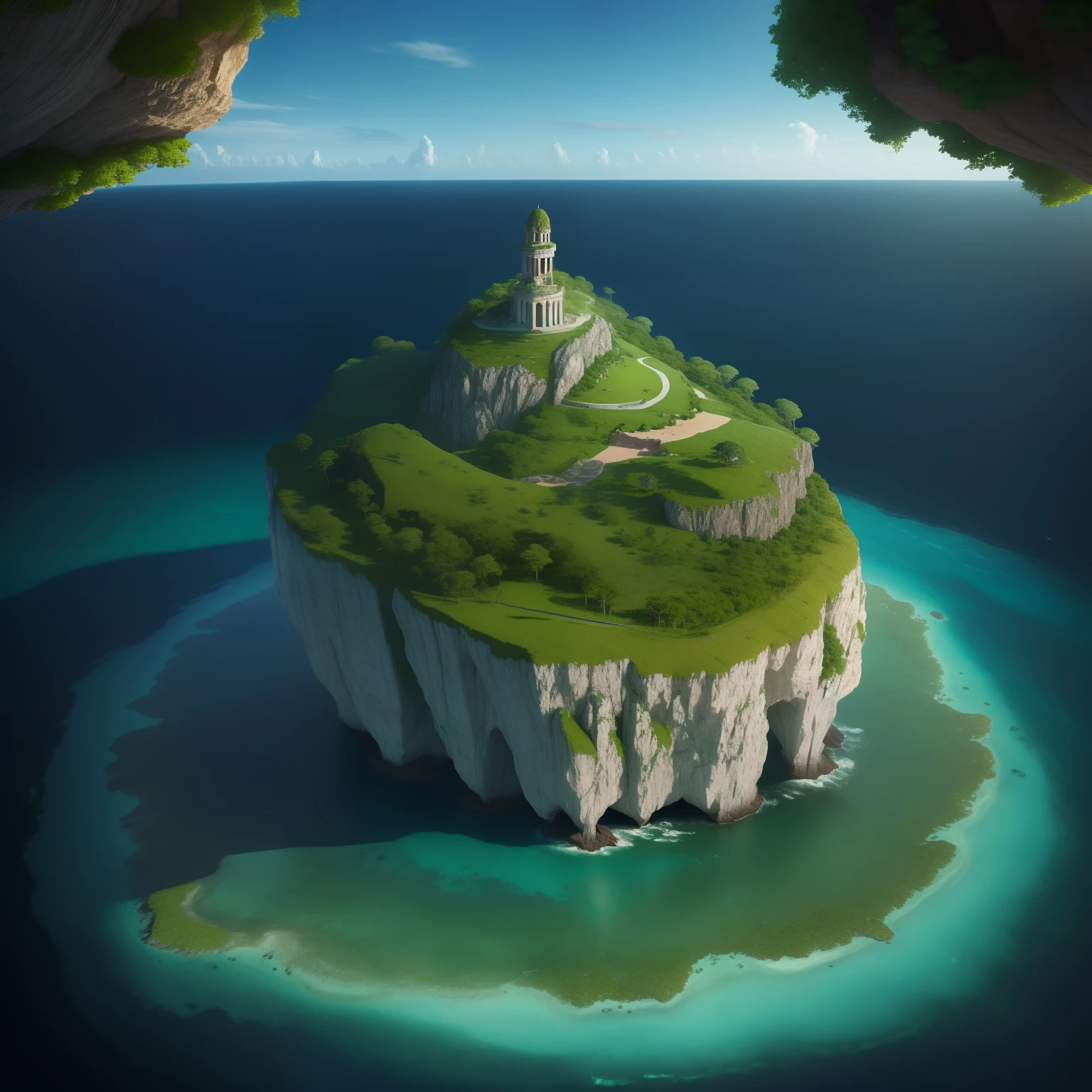 super high image, super detail, super high resolution, uninhabited island, dome-shaped island, towering cliffs, lush trees, emerald green natural cave, inanimate objects, an island without people or civilization, professional lighting