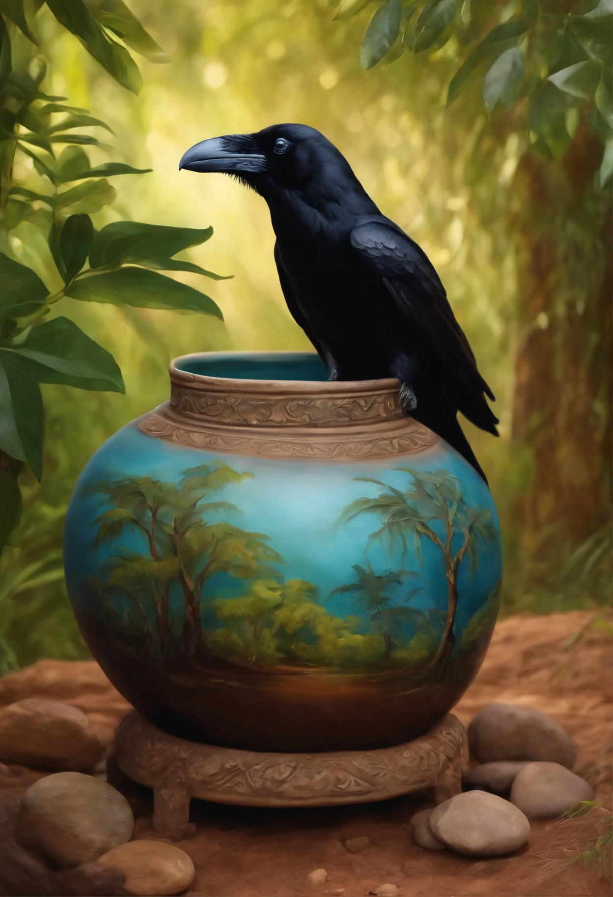 a fantastic tone third-person painting in the image of a raven based in the rainforest, natureza , arvores, pedras, folhas, colorida, vibrante, sol, brilhante, caloroso , clay jug with handles inside it water up to half of the clay jug . ,The same jar is on the ground around him several small stones,