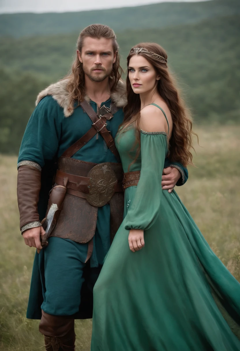 (couple man and woman) woman long natred hair voluptuous shield maiden brown eyes green dress , Man Tall brown hair blue eyes Viking warrior