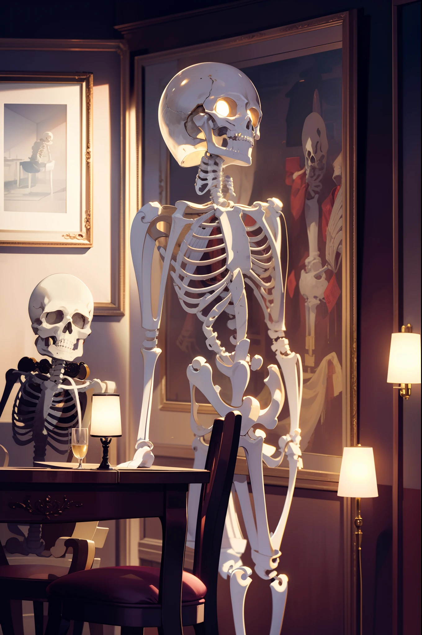 skeleton, sailor suit, table, chair, indoors, professional lighting, best quality, masterpiece, ultra detailed, depth of field, ultra high resolution, fine details, 16k wallpaper,