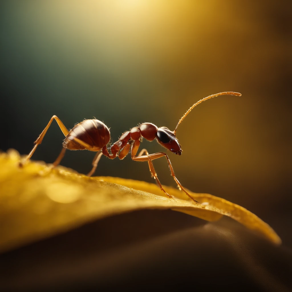 an ant standing on a piece of a golden floating leaf in the air