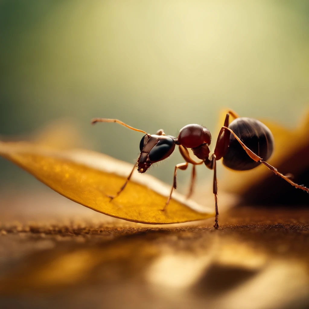 an ant standing on a piece of a golden floating leaf in the air