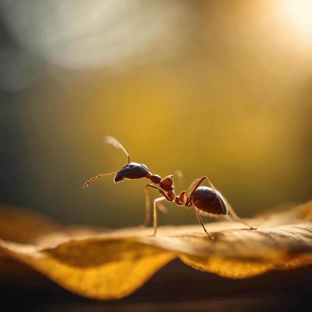 an ant standing on a piece of a golden floating leaf in the air